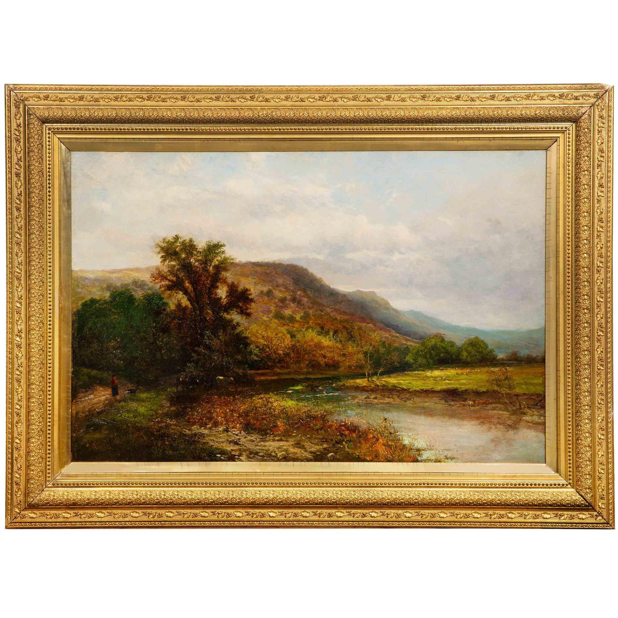 Anglais Grande peinture de paysage fluvial d'Alfred Augustus Glendening (1884) en vente