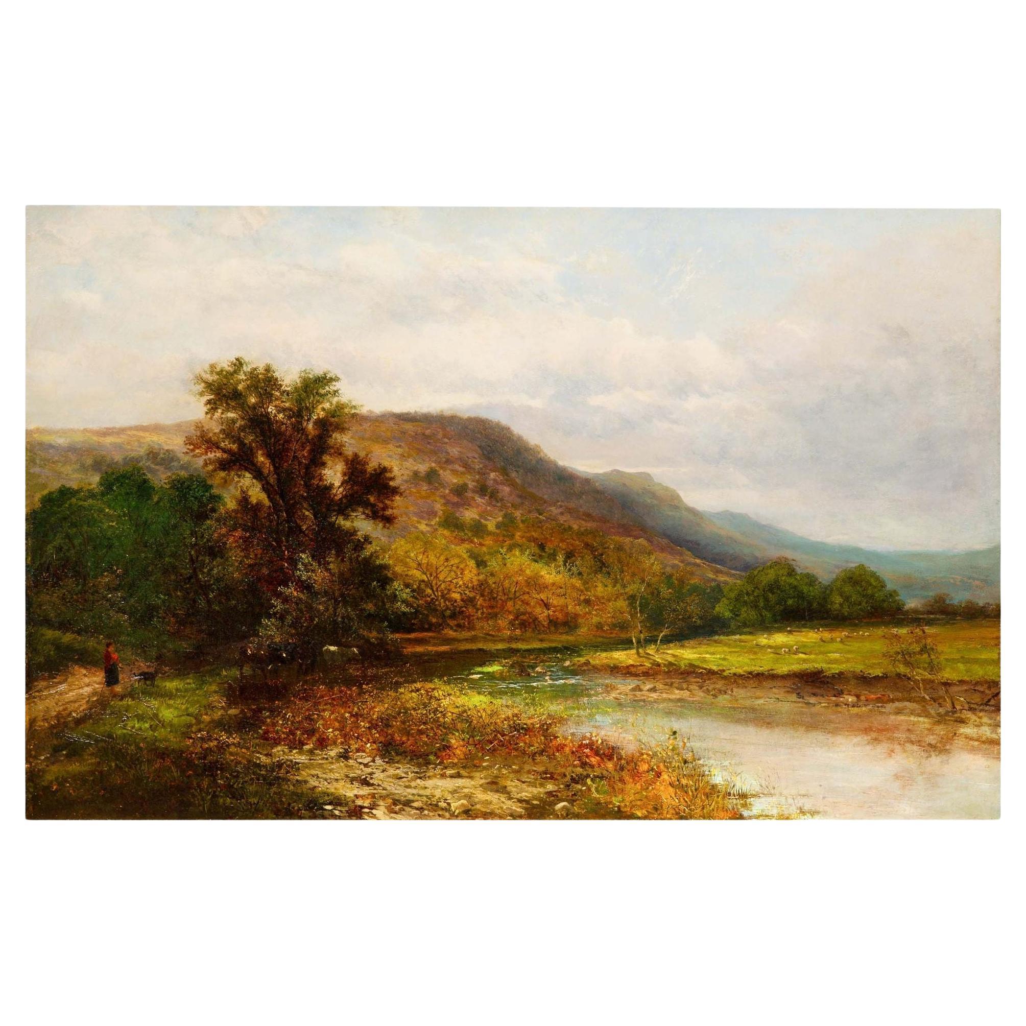 Grande peinture de paysage fluvial d'Alfred Augustus Glendening (1884)