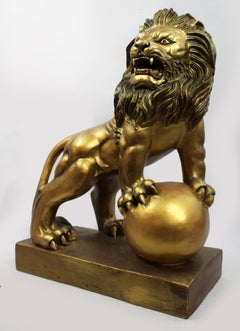 Large Roaring Lion Sculpture with Painted Gold Finish
