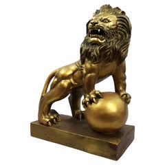 Large Roaring Lion Sculpture with Painted Gold Finish
