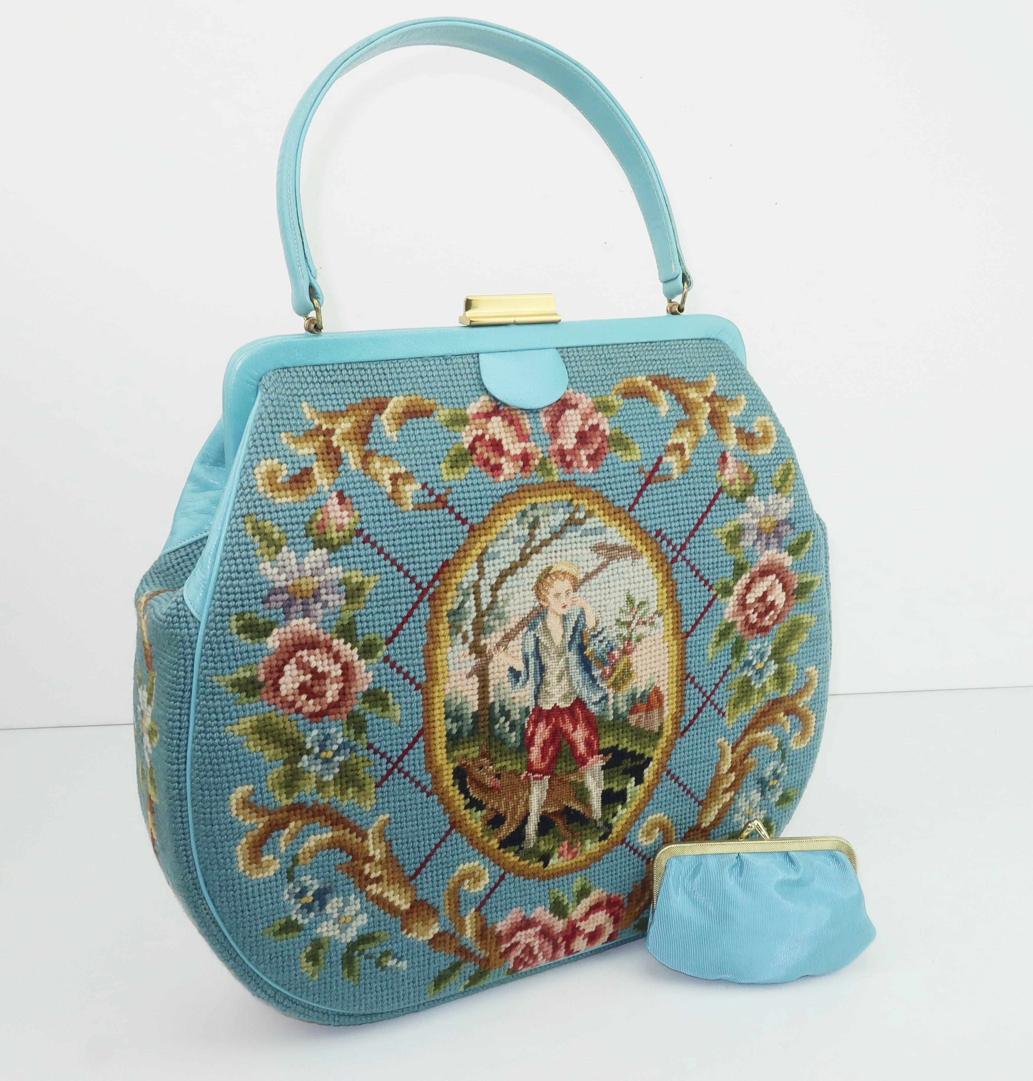 Large Robin Egg Blue Needlepoint Handbag With Country French Scene, 1950's 4