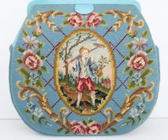 Large Robin Egg Blue Needlepoint Handbag With Country French Scene, 1950's