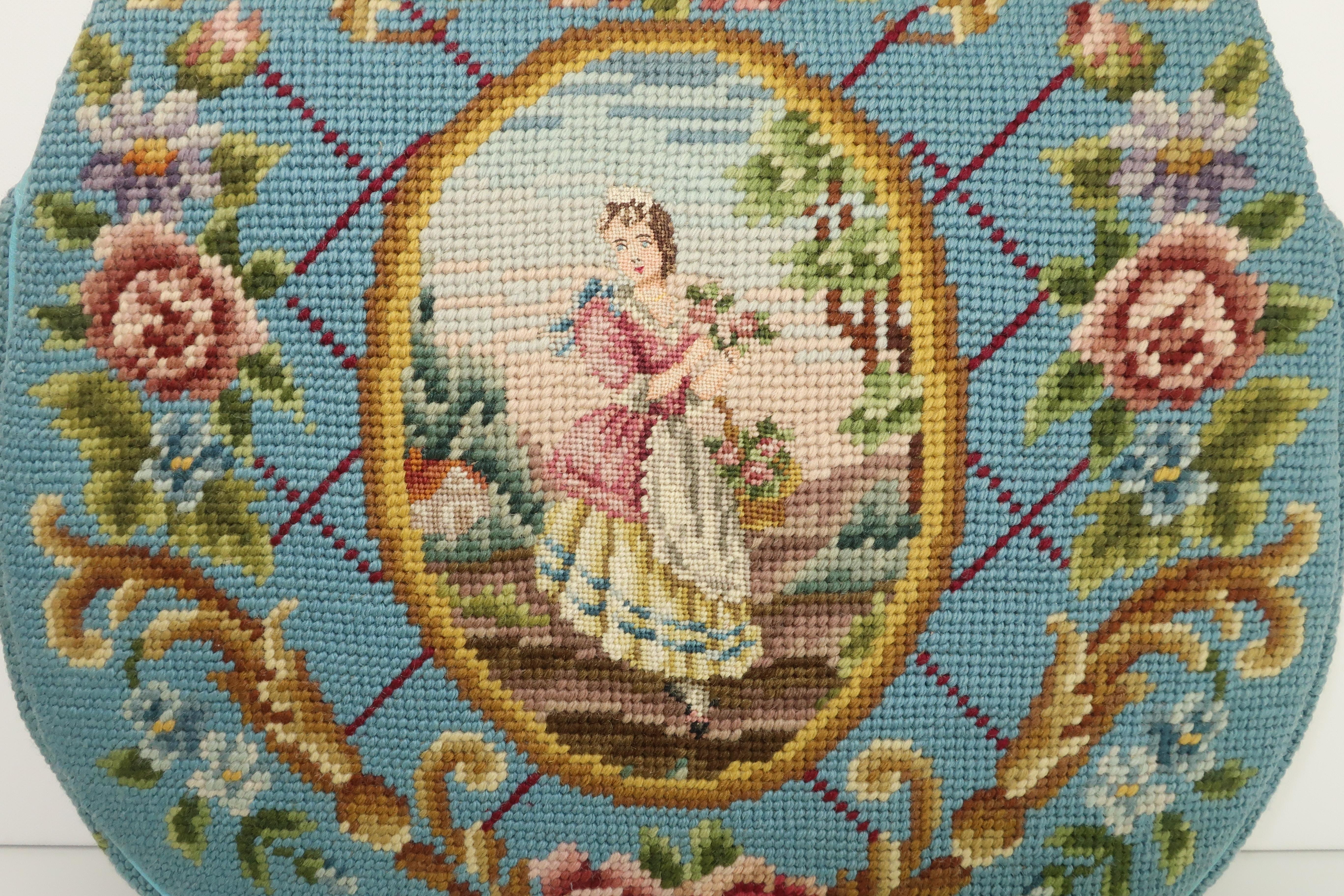 Large Robin Egg Blue Needlepoint Handbag With Country French Scene, 1950's In Good Condition In Atlanta, GA