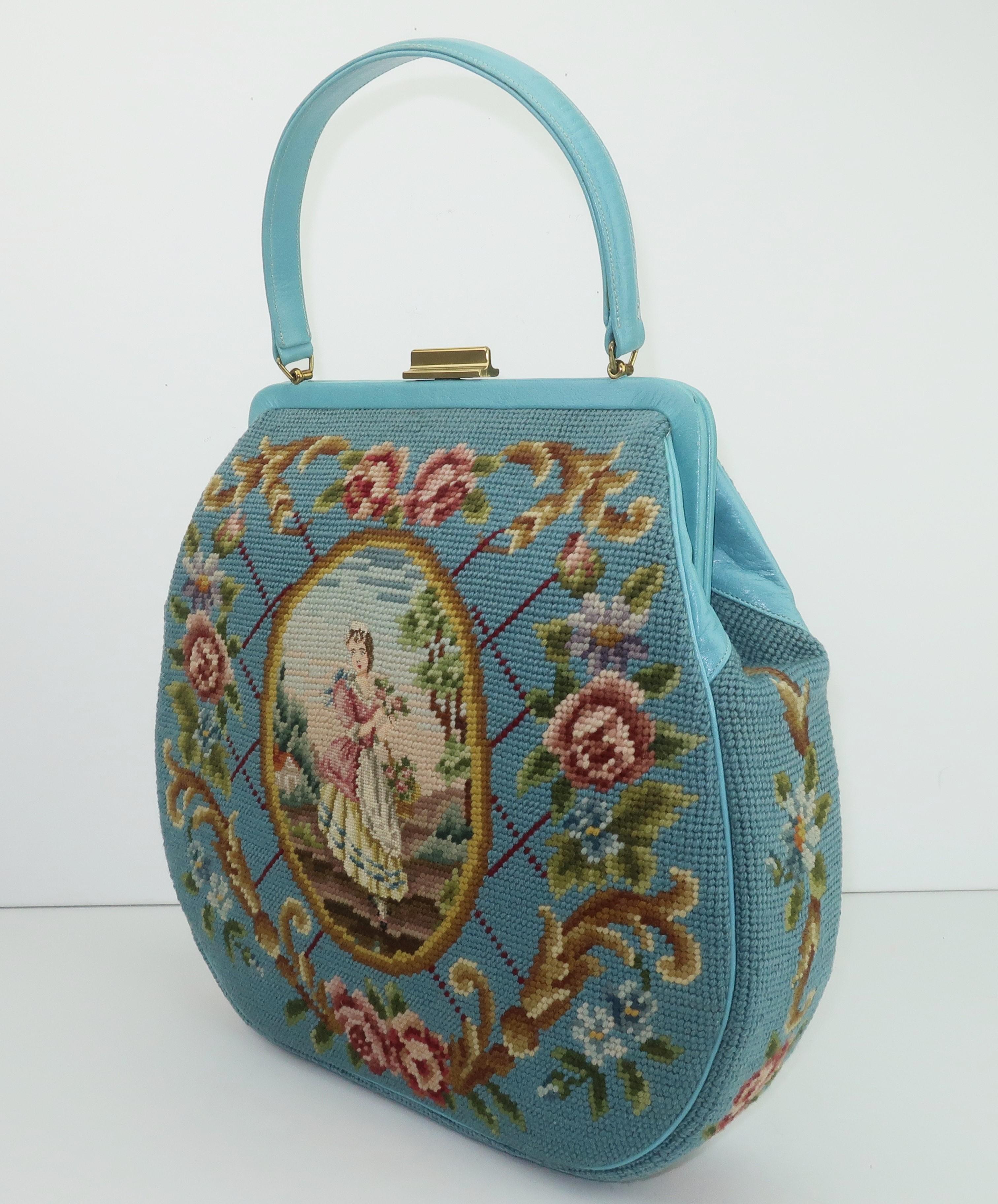 Large Robin Egg Blue Needlepoint Handbag With Country French Scene, 1950's 1