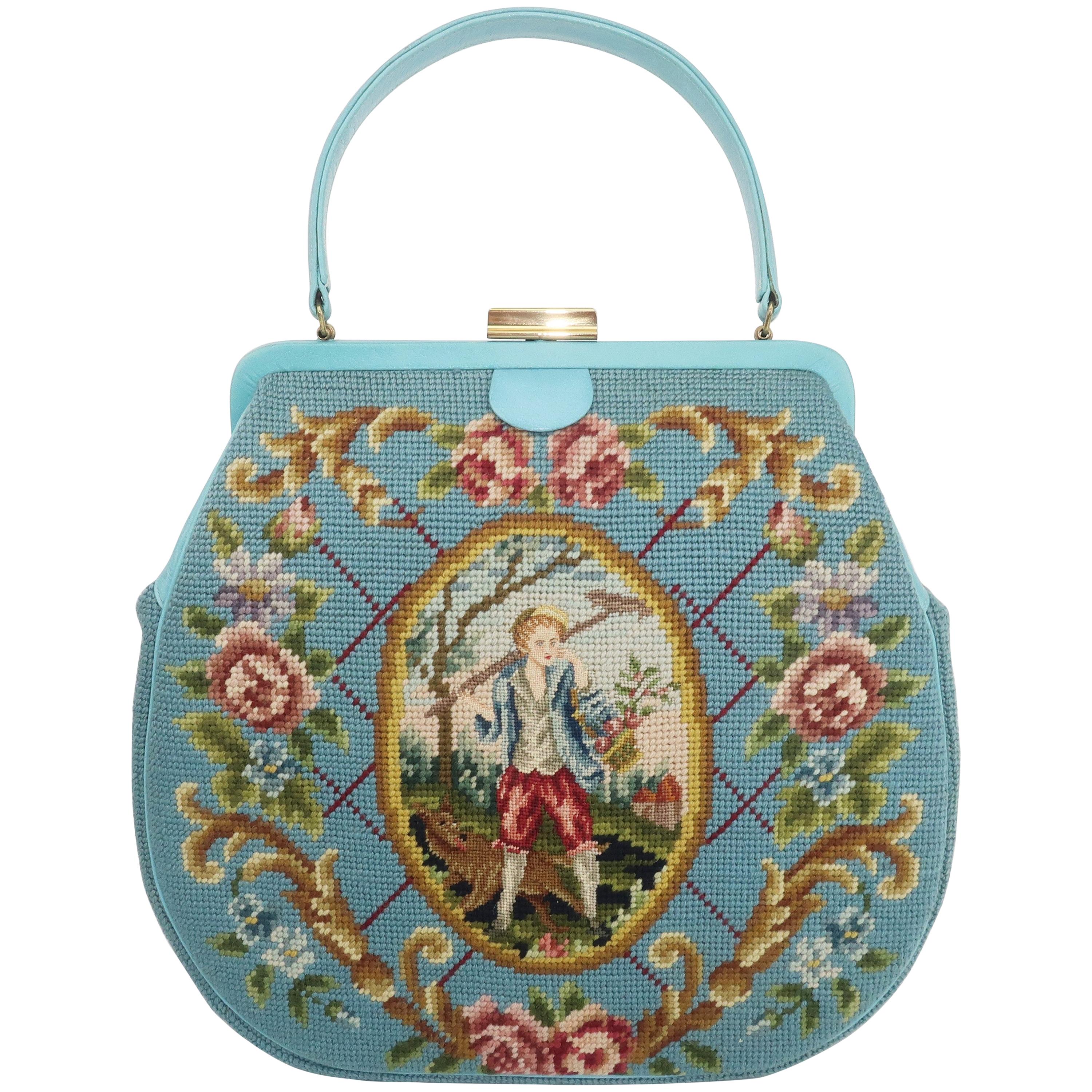Large Robin Egg Blue Needlepoint Handbag With Country French Scene, 1950's