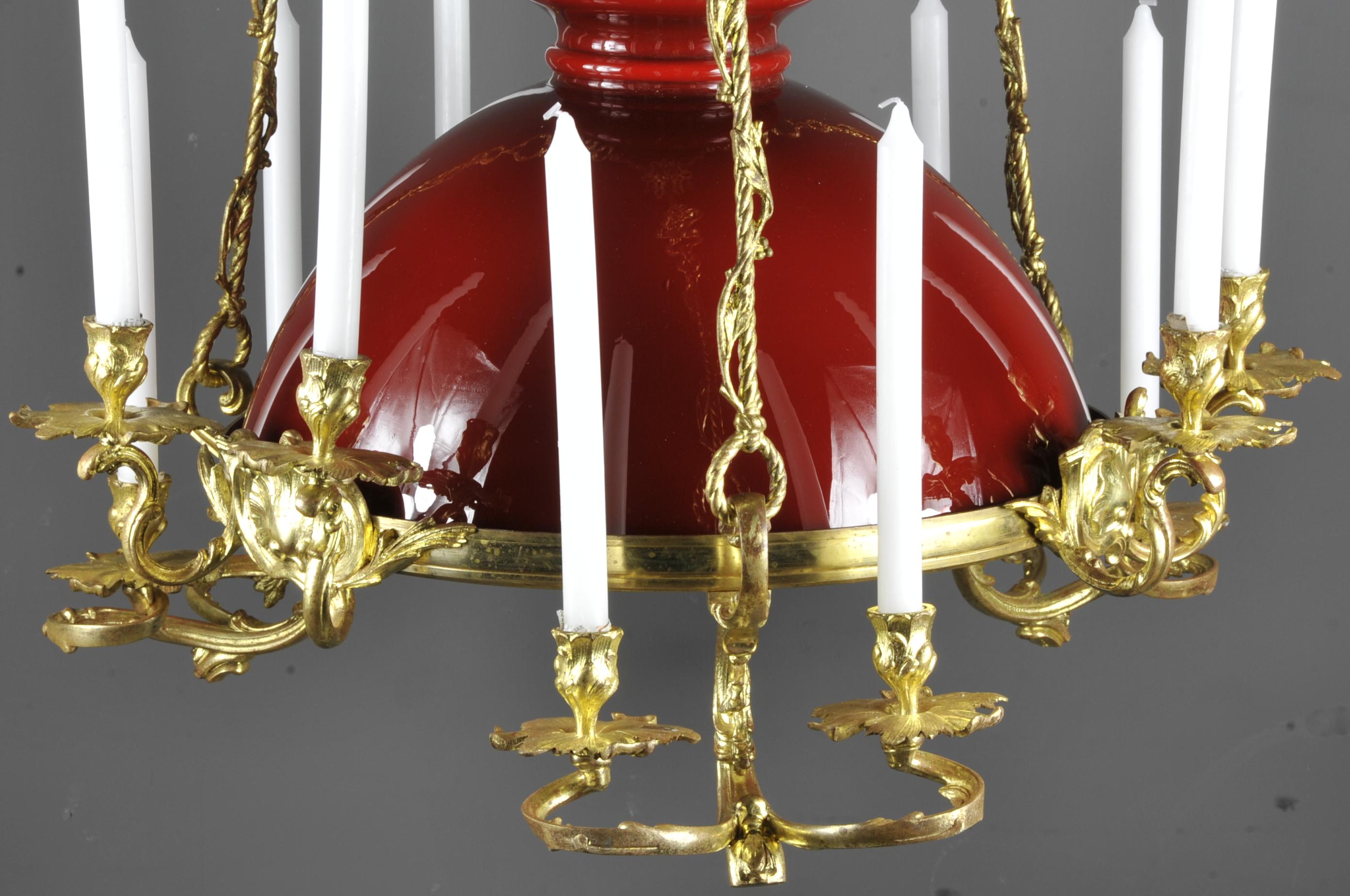 Large Rocaille Style Chandelier in Gilt Bronze with Red Opaline For Sale 6