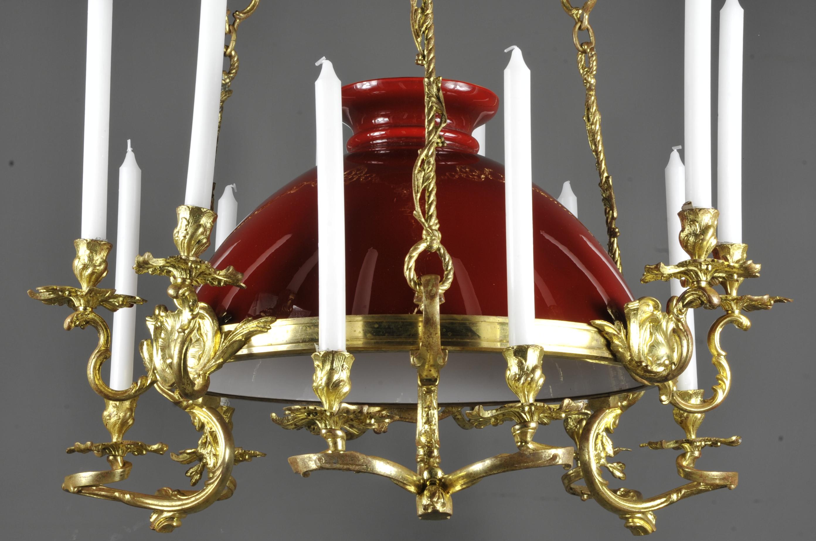Large Rocaille Style Chandelier in Gilt Bronze with Red Opaline In Good Condition For Sale In BARSAC, FR