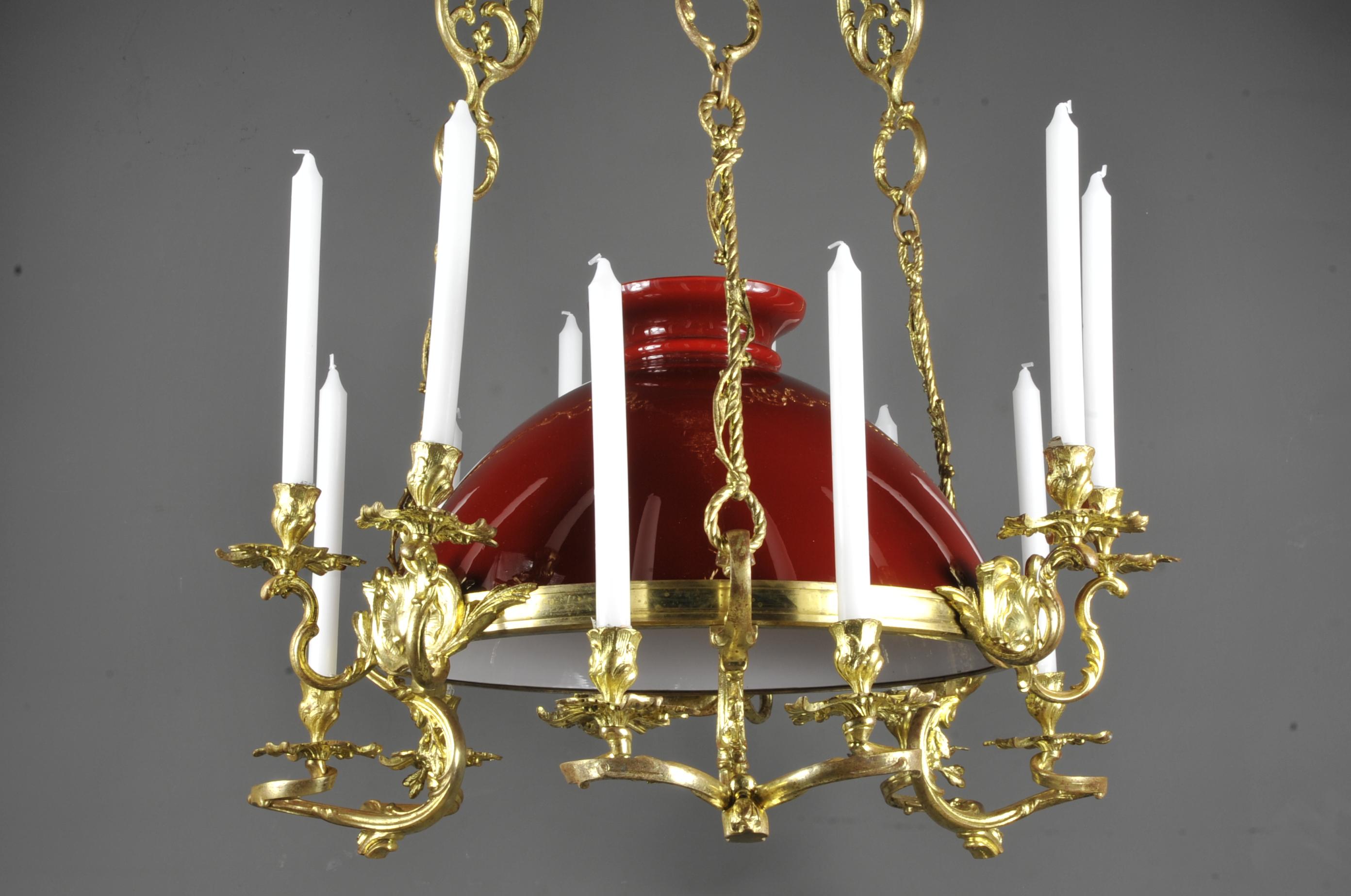 Large Rocaille Style Chandelier in Gilt Bronze with Red Opaline For Sale 1