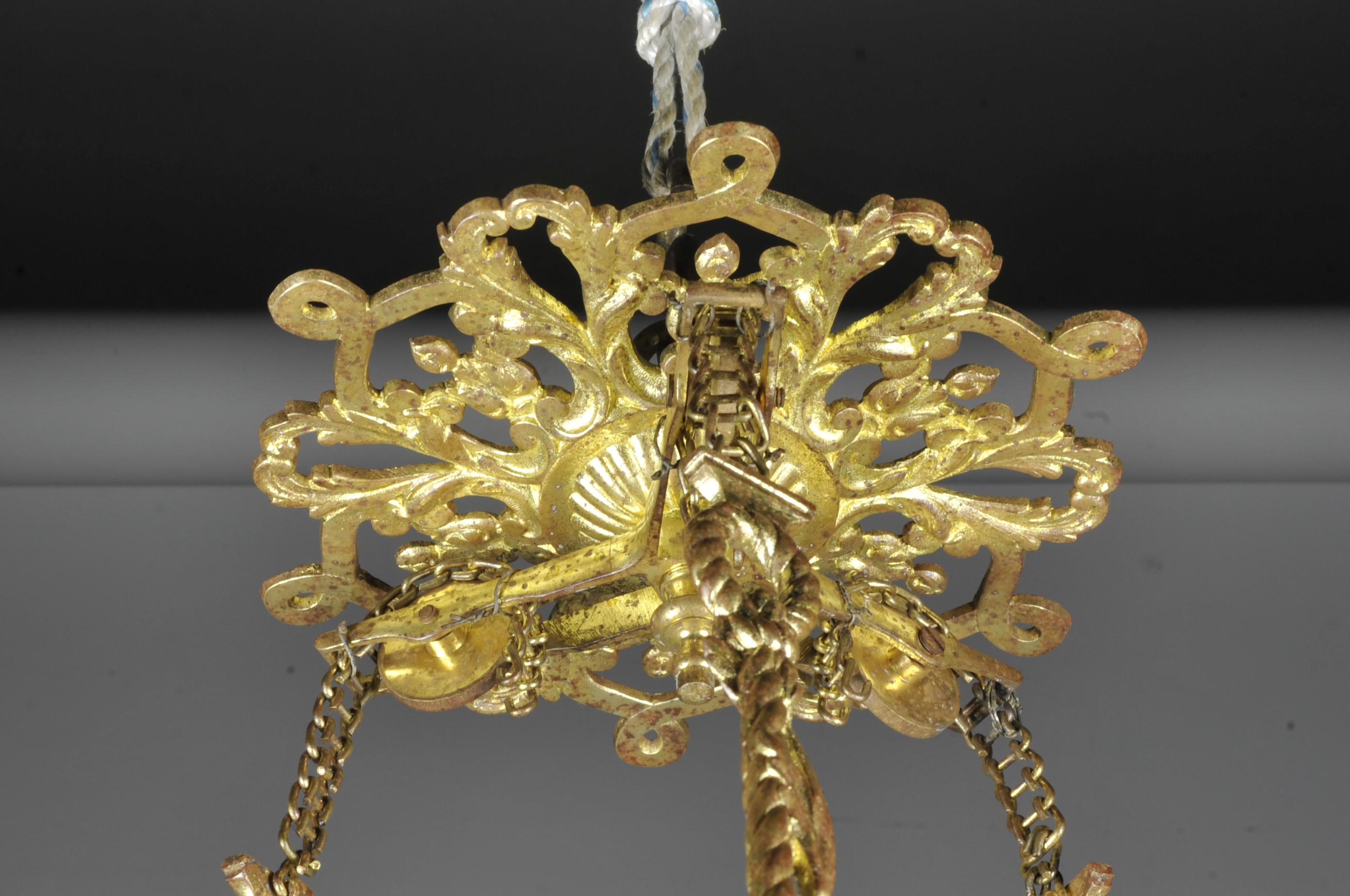Large Rocaille Style Chandelier in Gilt Bronze with Red Opaline For Sale 3