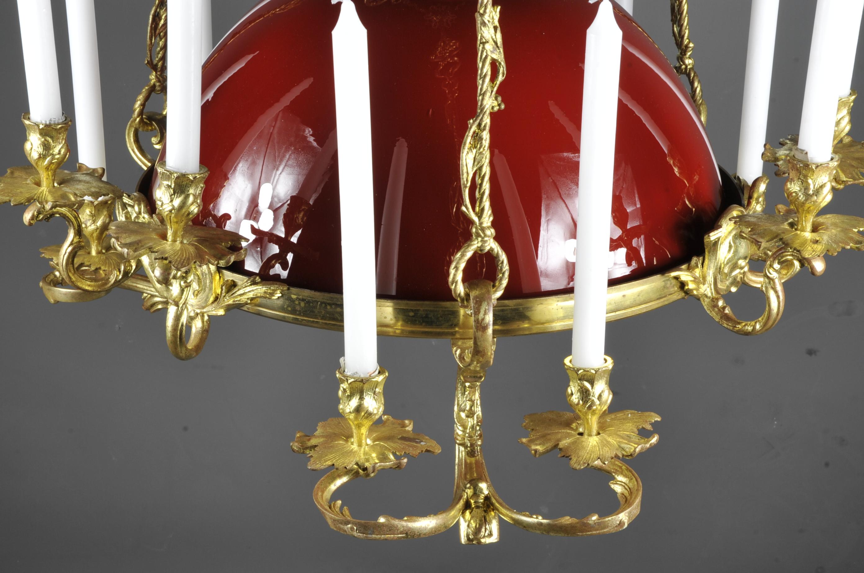 Large Rocaille Style Chandelier in Gilt Bronze with Red Opaline For Sale 5