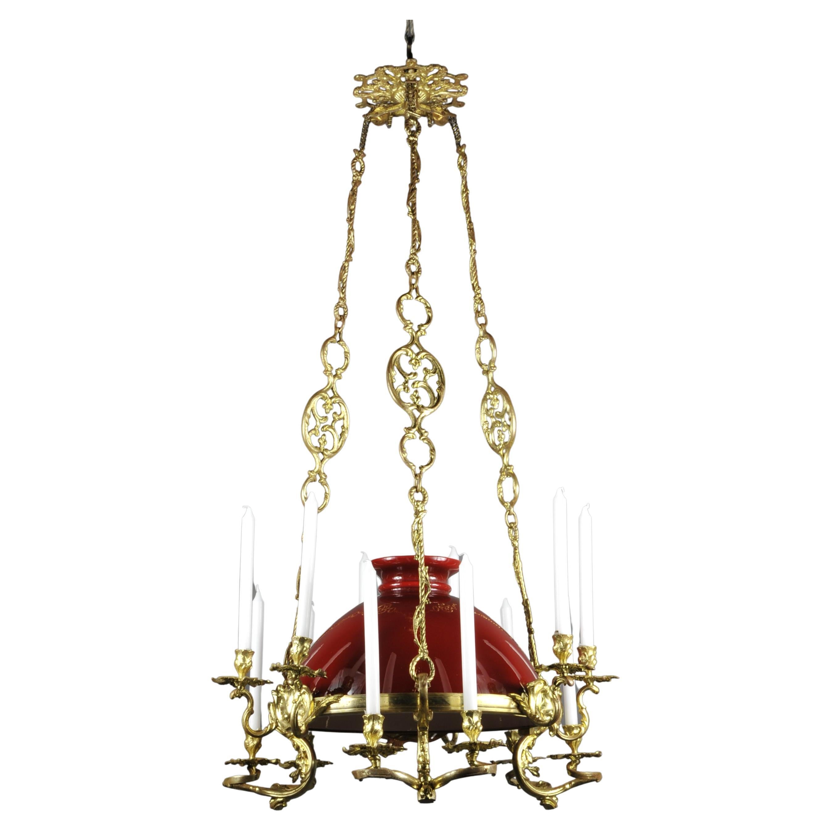 Large Rocaille Style Chandelier in Gilt Bronze with Red Opaline For Sale