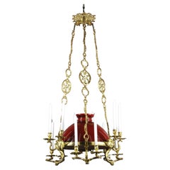 Large Rocaille Style Chandelier in Gilt Bronze with Red Opaline