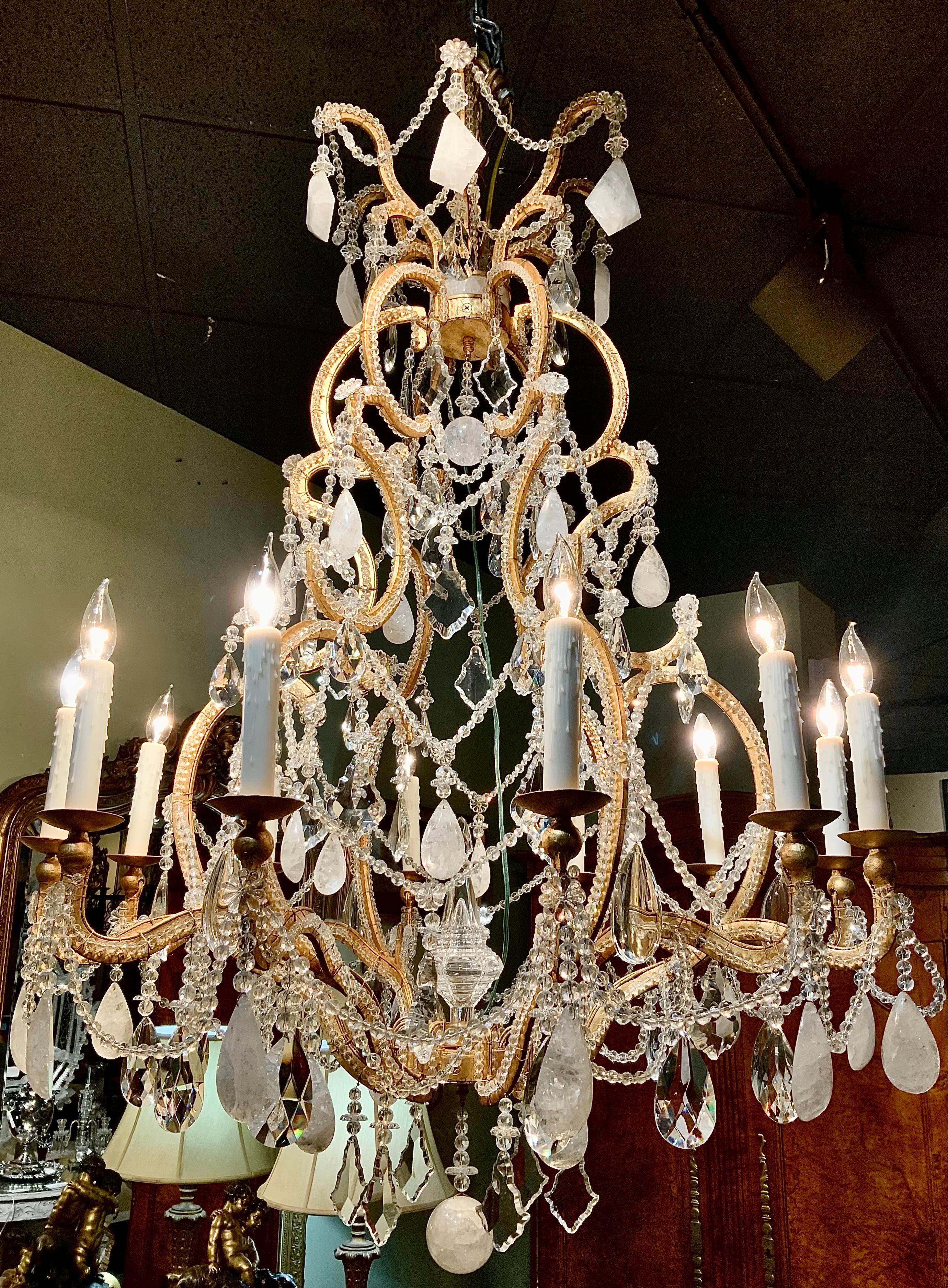 Large rock crystal chandelier  In Excellent Condition For Sale In Houston, TX
