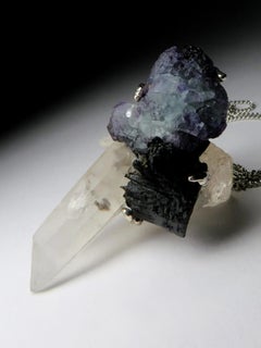 Large Rock Crystal Fluorite Black Tourmaline necklace Raw Crystal Statement