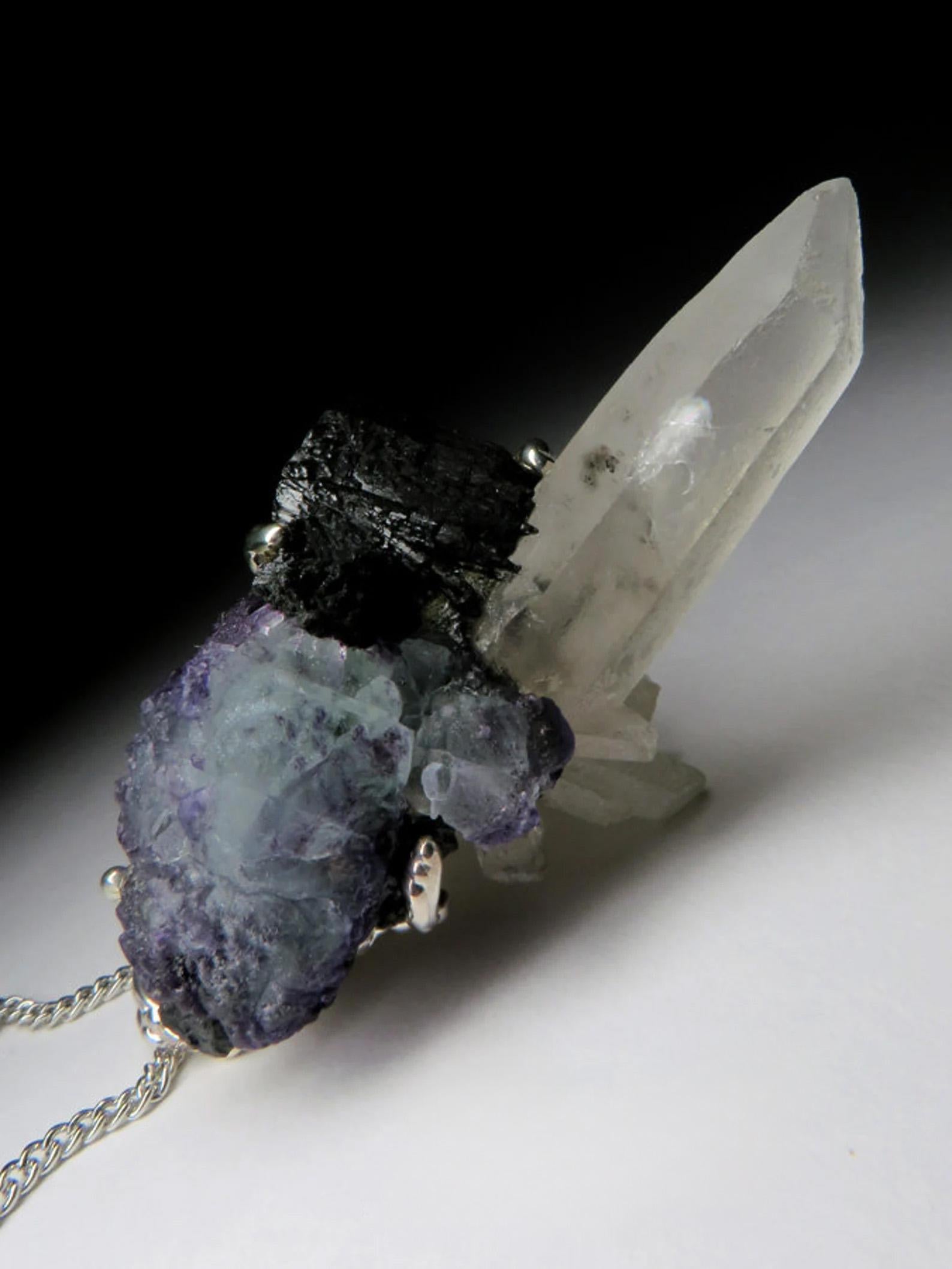 Large Rock Crystal Fluorite Black Tourmaline necklace Raw Crystal Statement For Sale 1