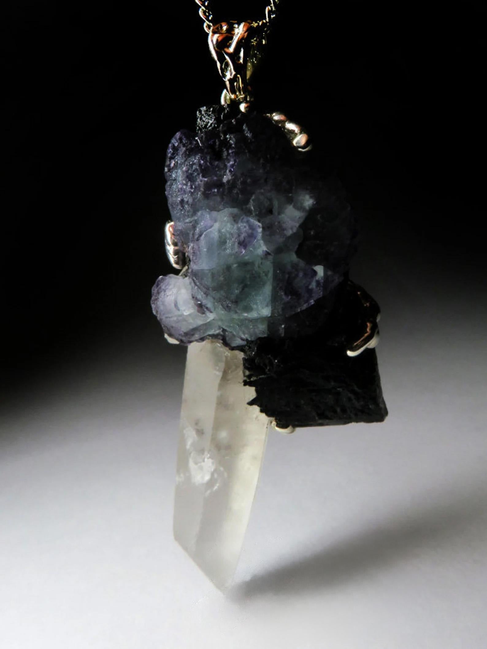 Large Rock Crystal Fluorite Black Tourmaline necklace Raw Crystal Statement For Sale 3