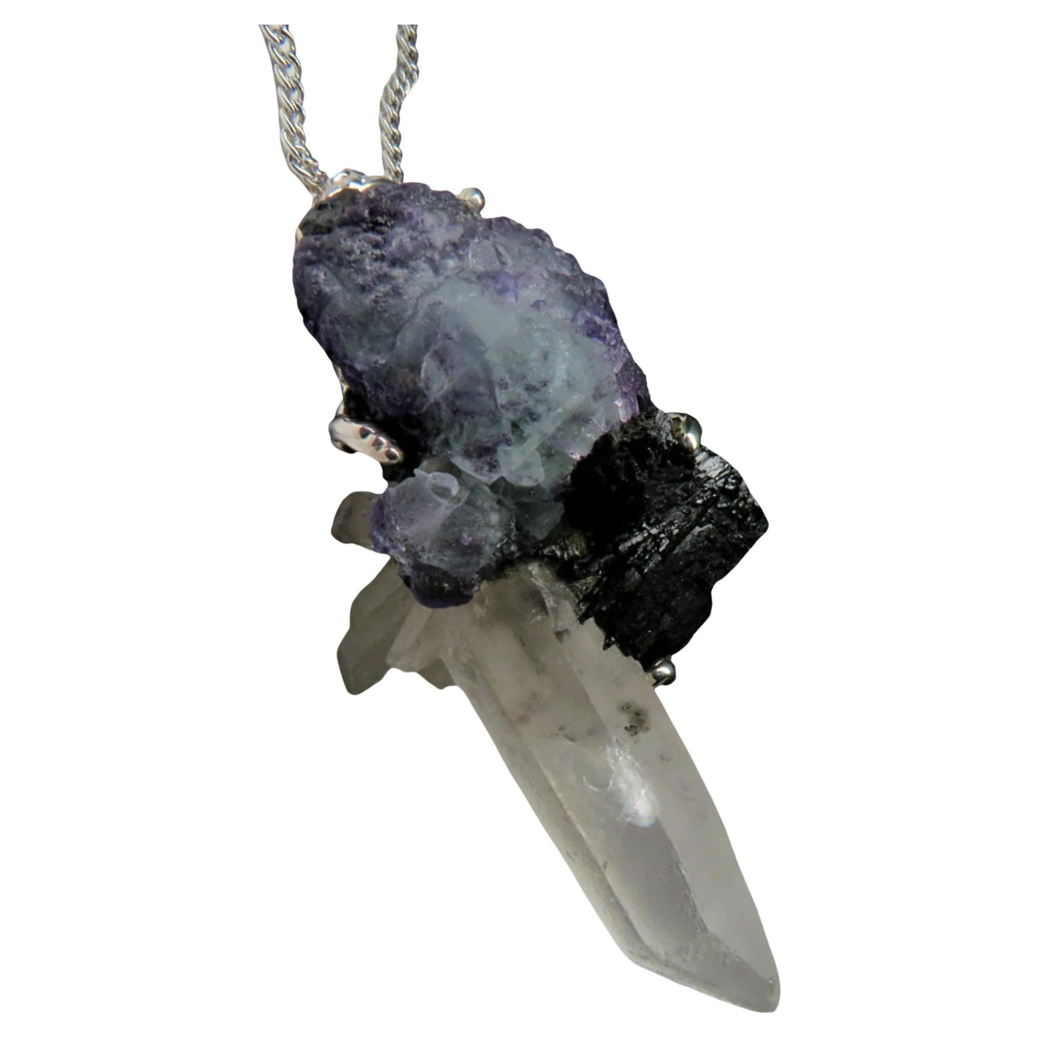 Large Rock Crystal Fluorite Black Tourmaline necklace Raw Crystal Statement For Sale