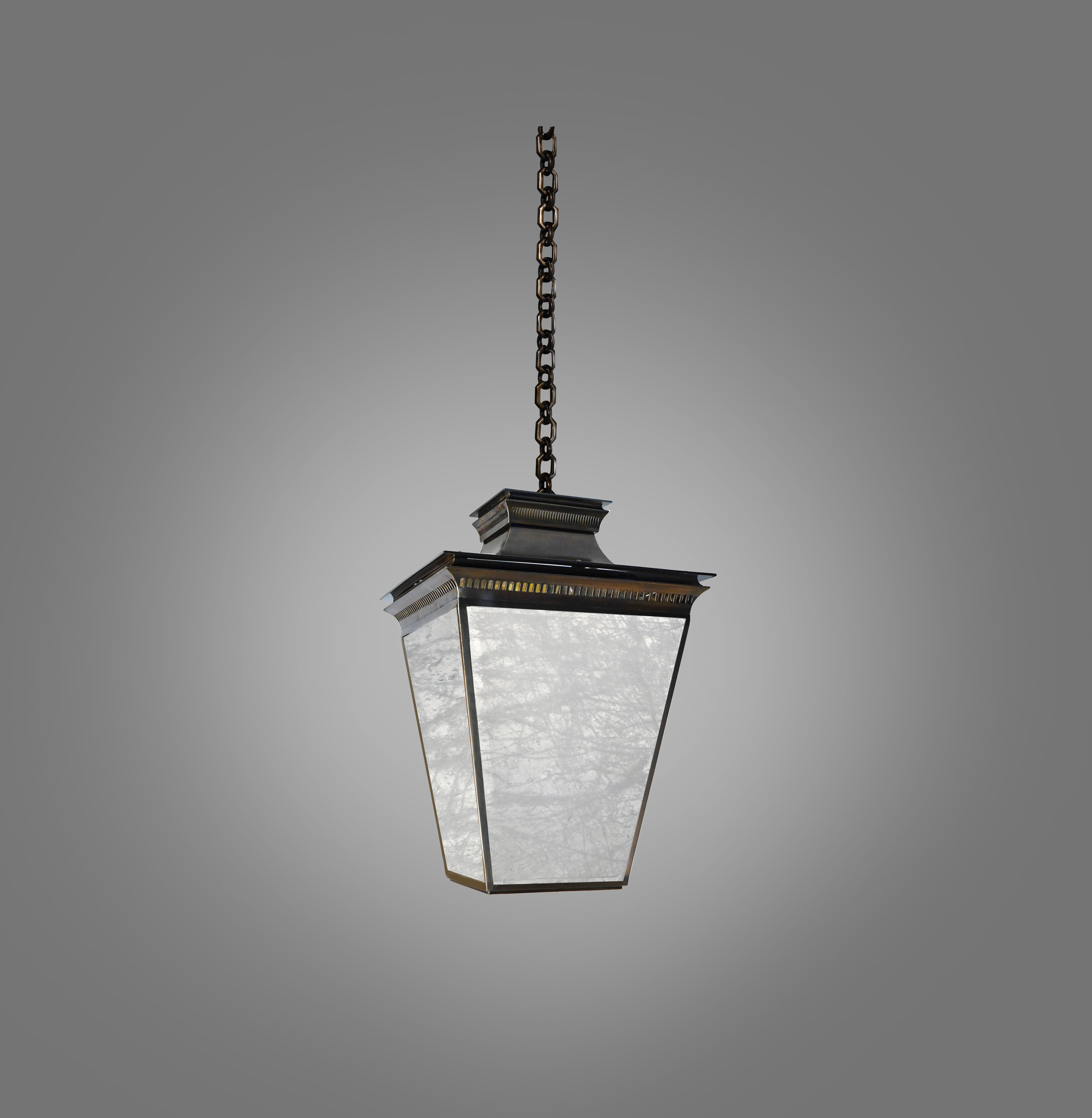 Large lantern with rock crystal panel, antique brass decoration finish.
Lantern dimension: 12”/H
4 sockets installed. Use four of 80 watts led long tube warm light bulbs. 320w max.
Light bulb supply.
Metal finish, size and quantity upon