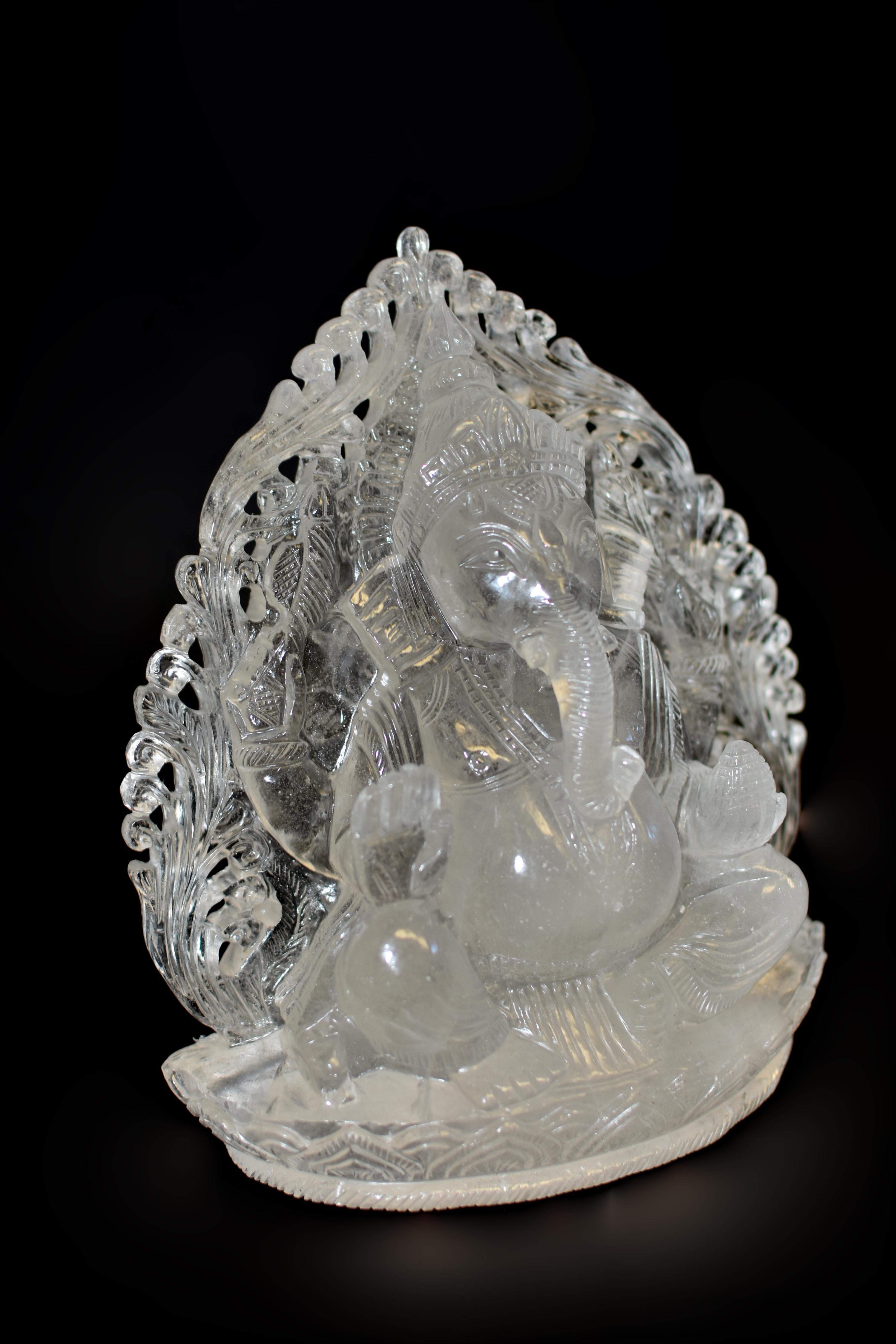 Hand-Carved Large Rock Crystal Quartz Ganesha Statue 8.5 lb