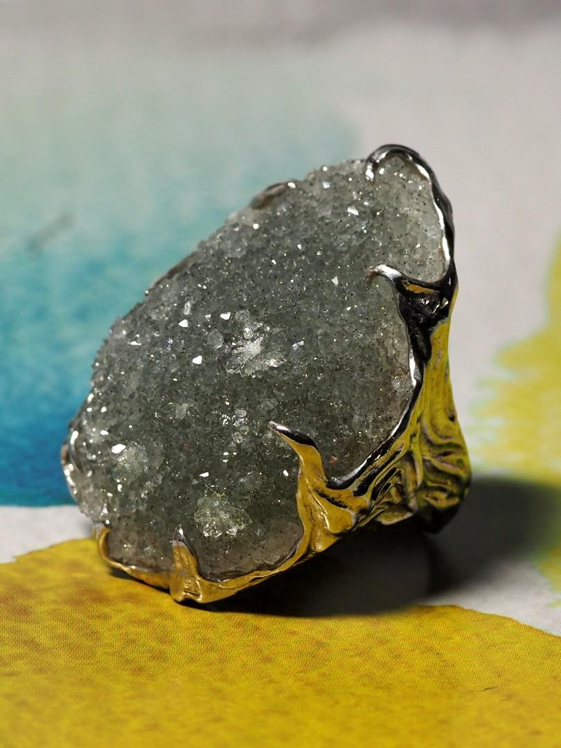 Artisan Large Rock Crystal Ring Silver Raw Druse Crystals Grey Lord of the Rings For Sale