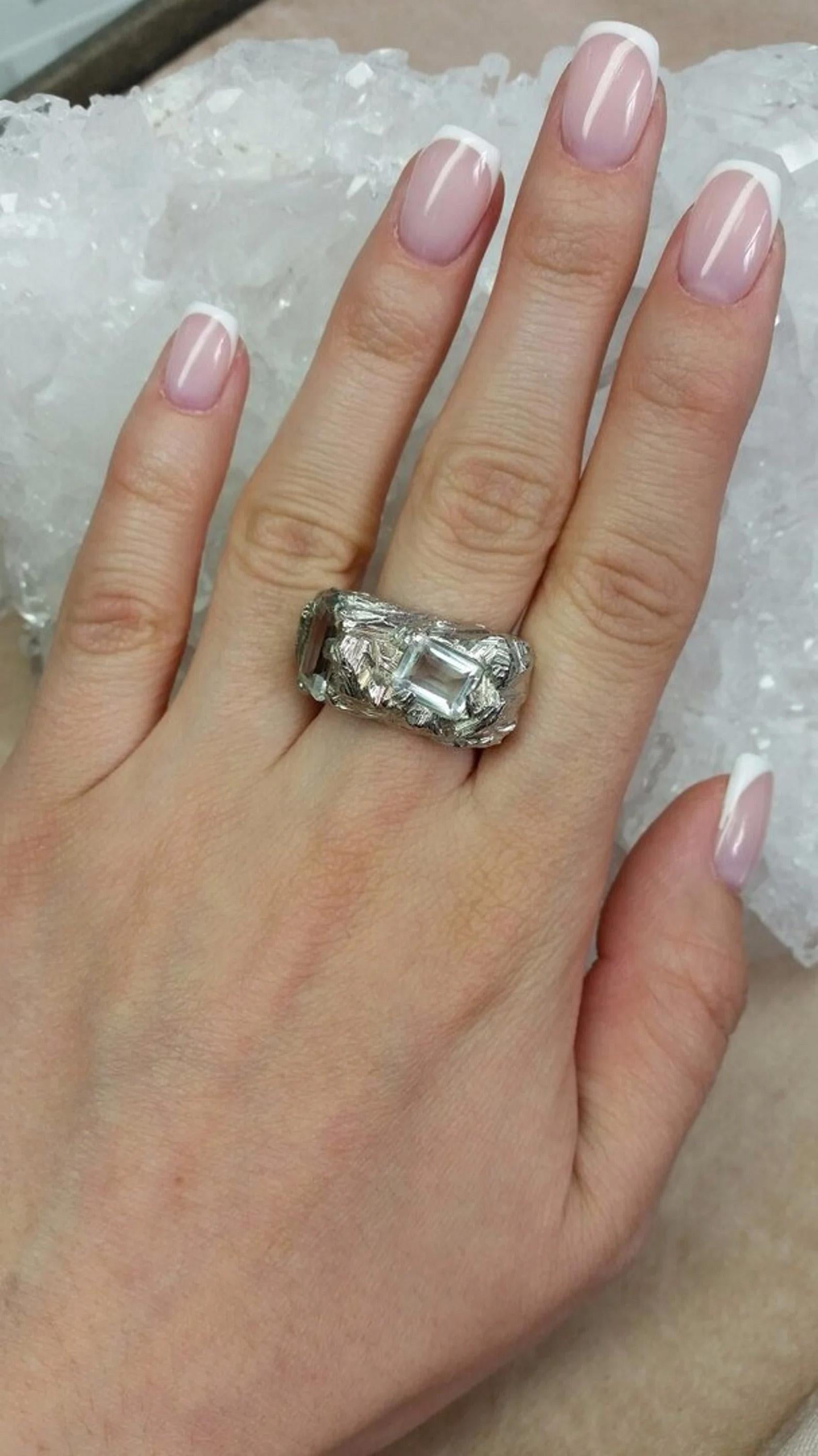 Artisan Large Rock Crystal Silver Ring Baguette Clear Quartz Natural gift mens jewelry For Sale