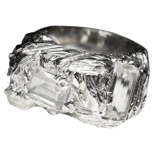 Large cristal de roche Silver Ring Baguette Clear Quartz Natural gift mens jewelry