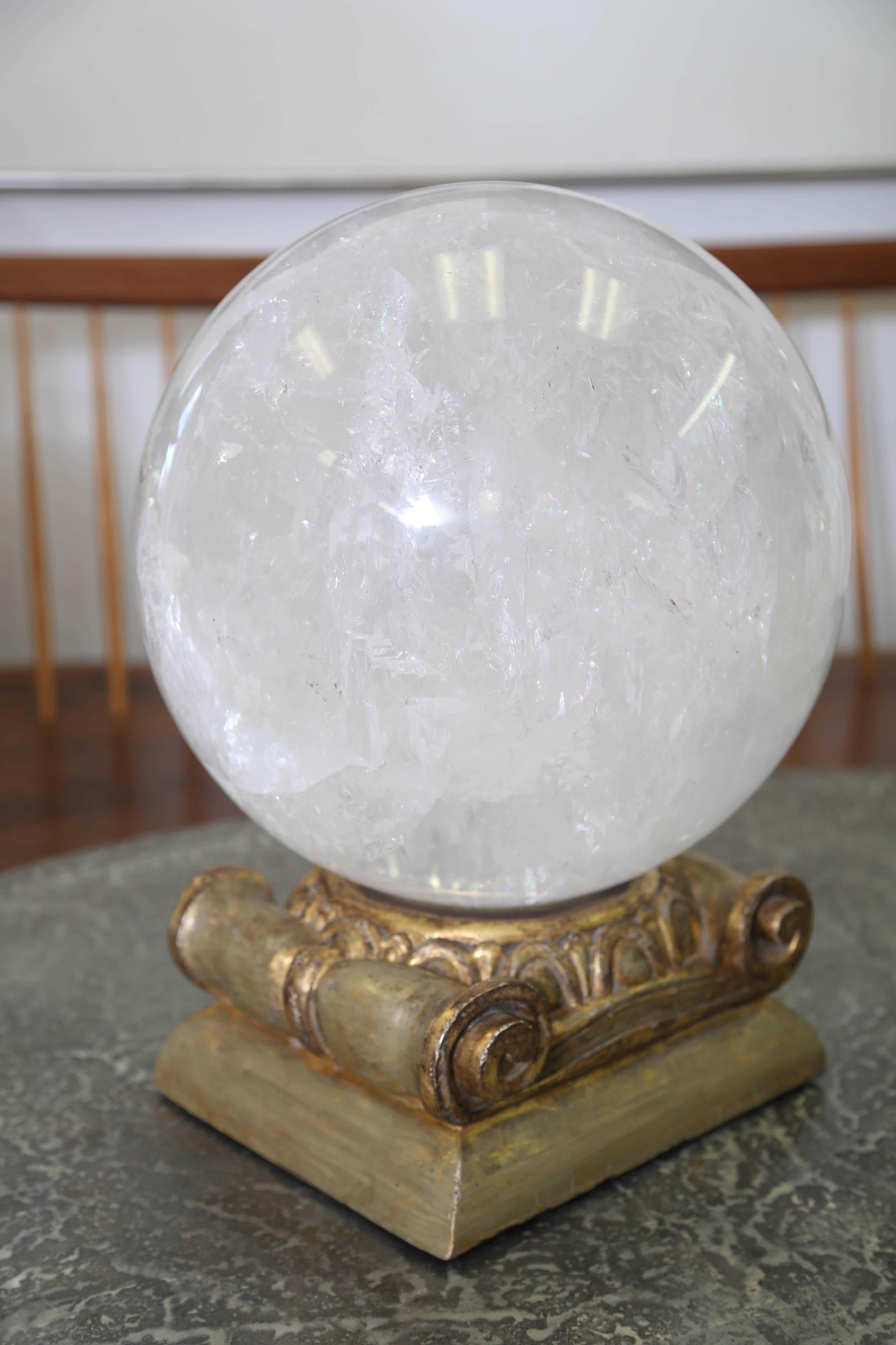 American Large Rock Crystal Sphere and Gold Leaf Stand