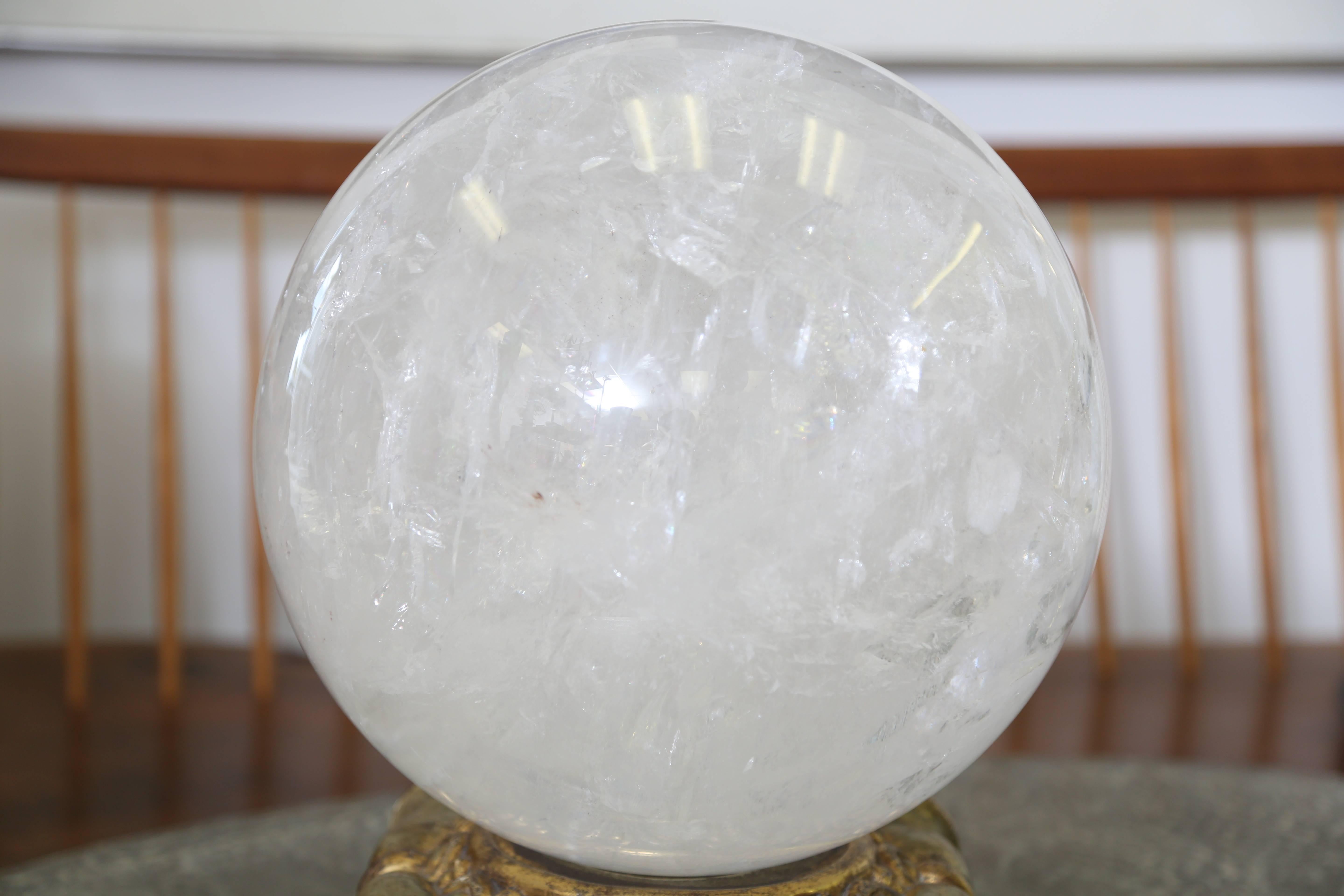 Large Rock Crystal Sphere and Gold Leaf Stand In Good Condition In West Palm Beach, FL