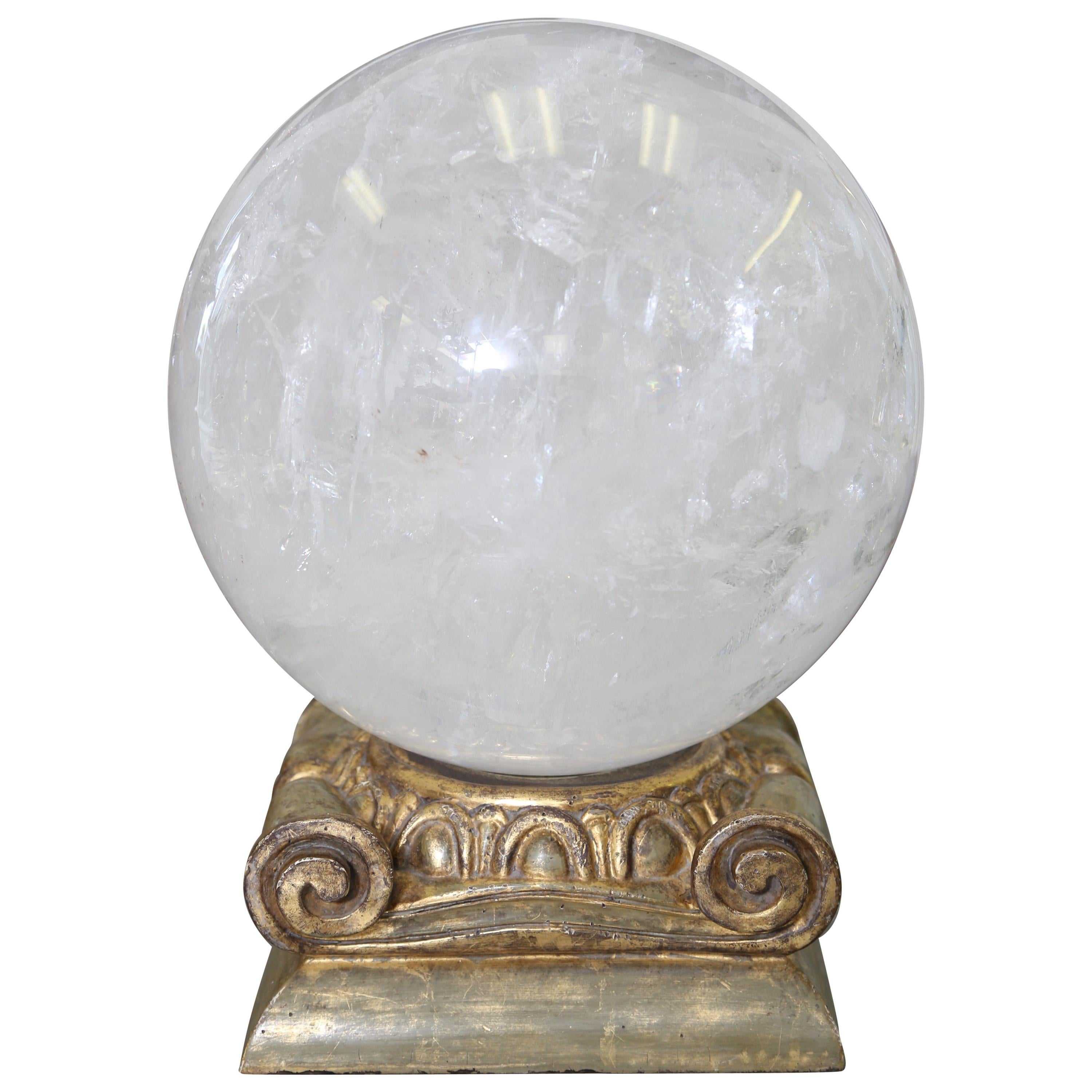 Large Rock Crystal Sphere and Gold Leaf Stand