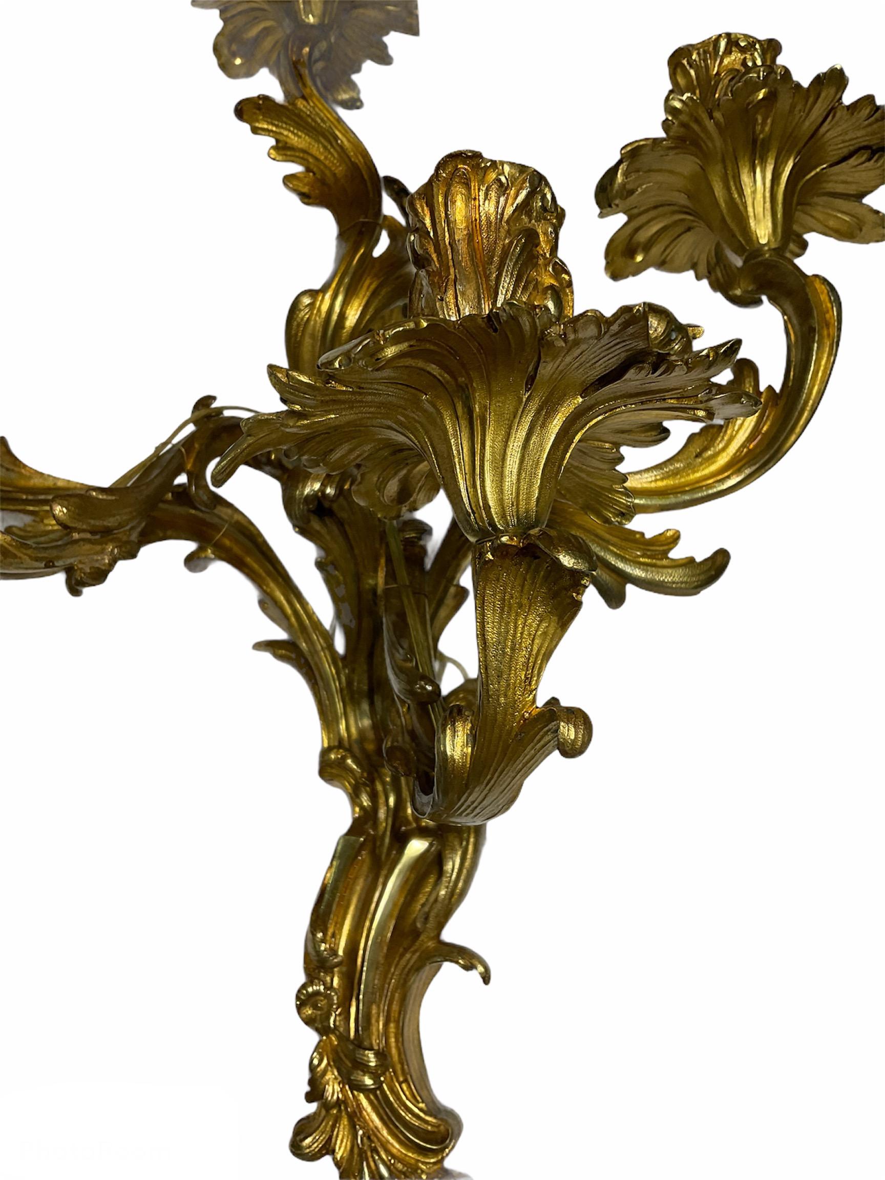 Large Rococo Louis XV French Gilt Bronze Five Arms Pair of Wall Sconces For Sale 5