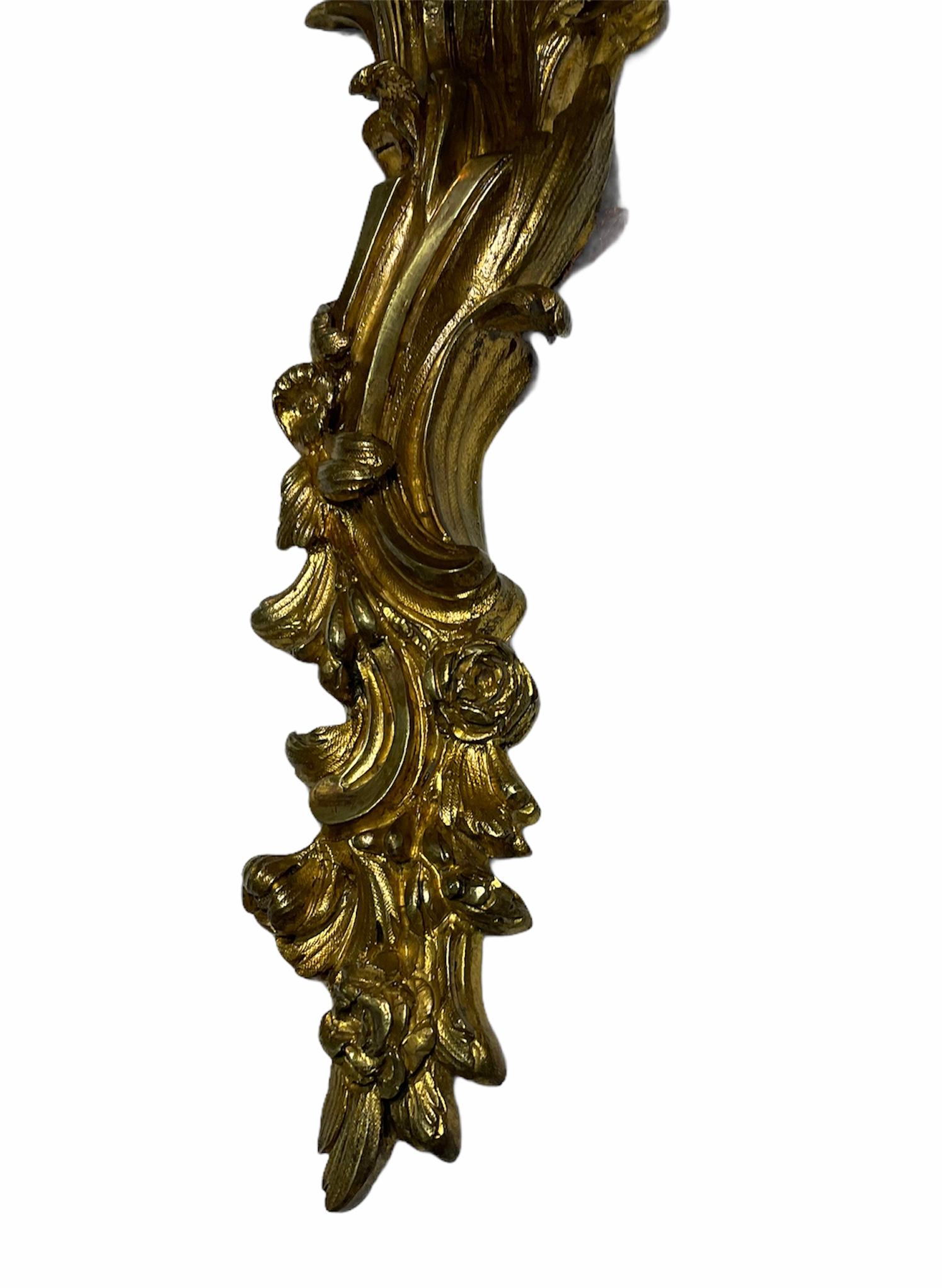Large Rococo Louis XV French Gilt Bronze Five Arms Pair of Wall Sconces For Sale 7