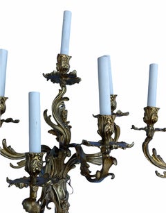 Large Rococo Louis XV French Gilt Bronze Five Arms Pair of Wall Sconces