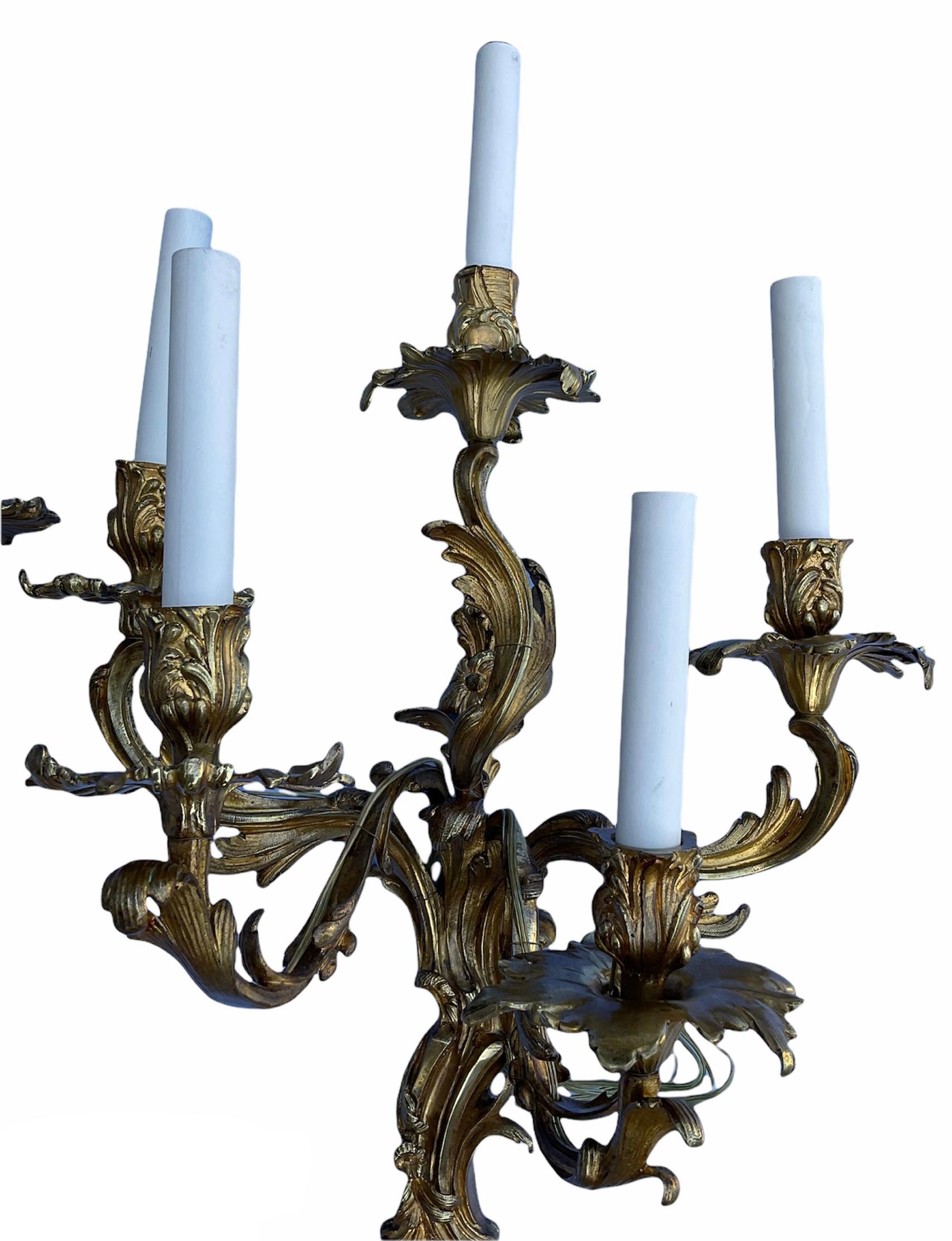 Cast Large Rococo Louis XV French Gilt Bronze Five Arms Pair of Wall Sconces For Sale