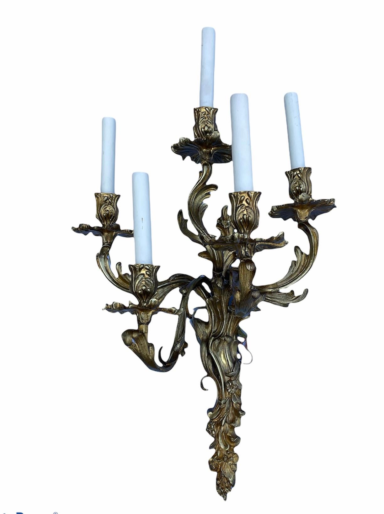 Large Rococo Louis XV French Gilt Bronze Five Arms Pair of Wall Sconces For Sale 2
