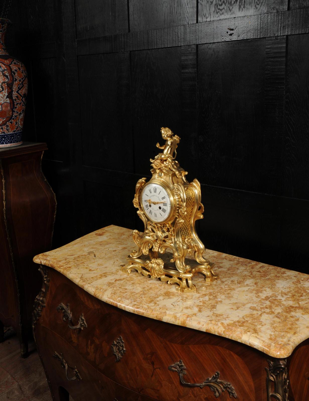 Large Rococo Ormolu Antique French Clock, Genius of Music For Sale 6