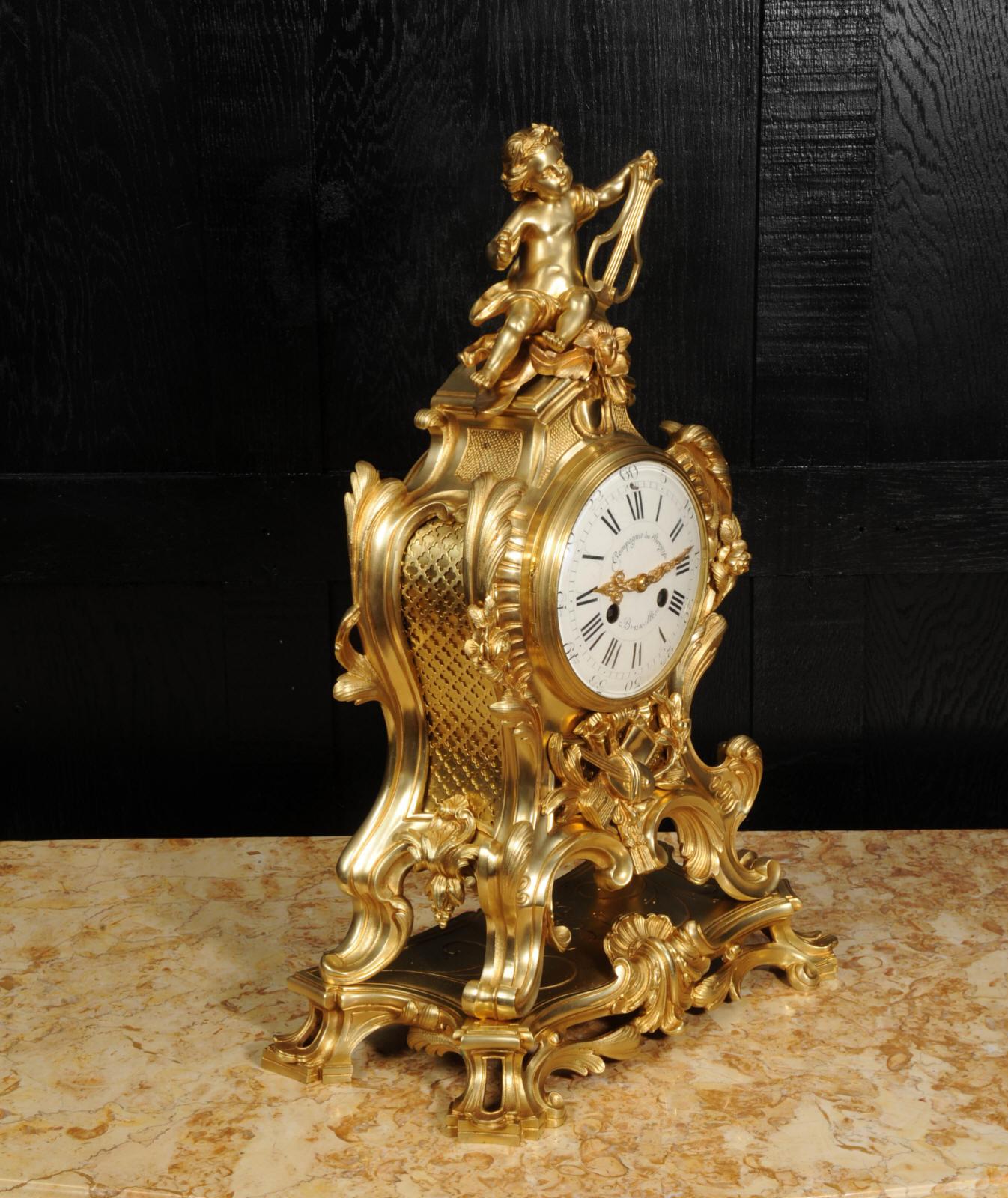 Grande horloge française ancienne de style rococo en bronze doré - Genius of Music en vente 5