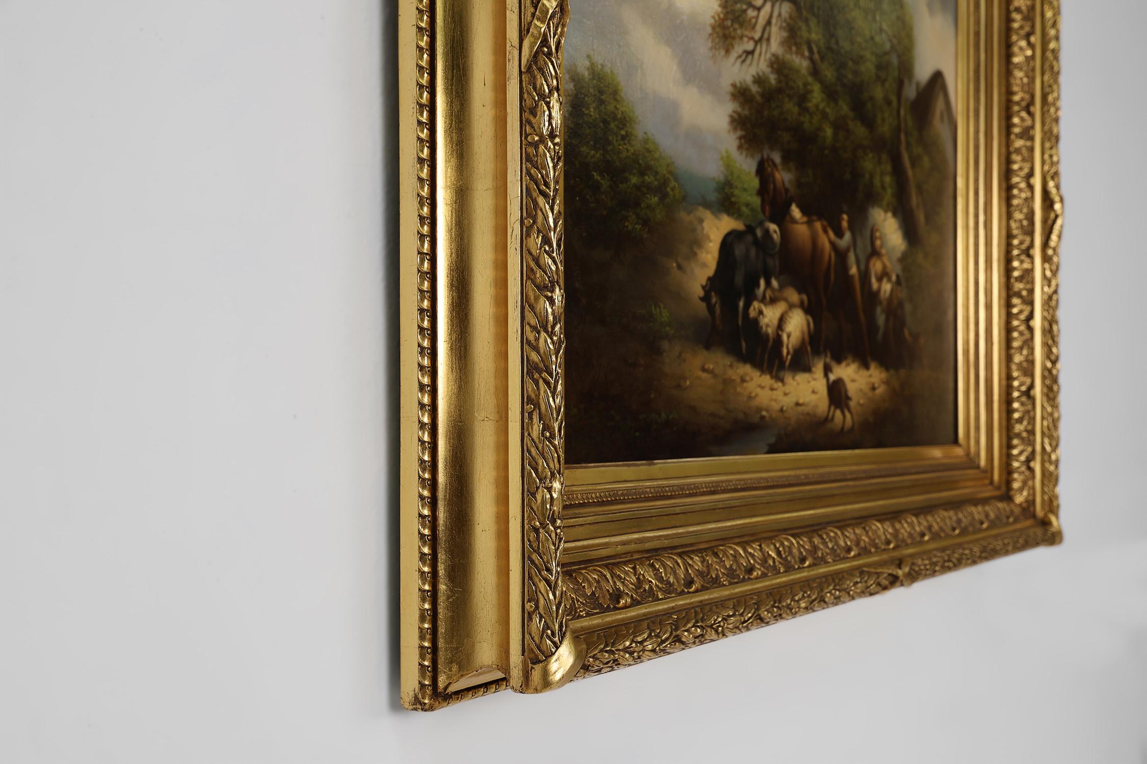 Early 20th Century Large Rococo painting with gilded wooden frame, Belgium ca. 1900 For Sale