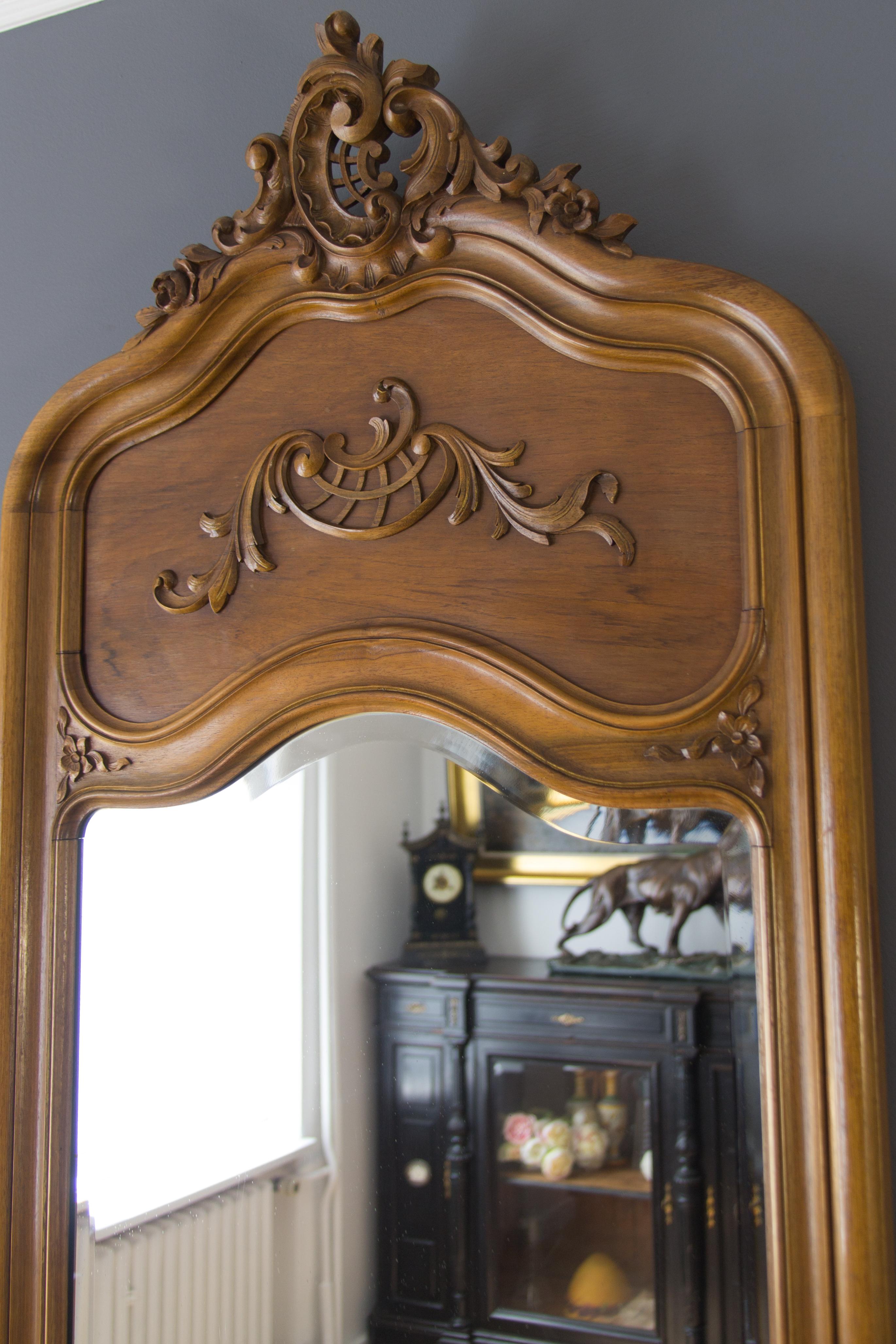 Mid-20th Century Large Rococo Style Carved Walnut Floor Mirror