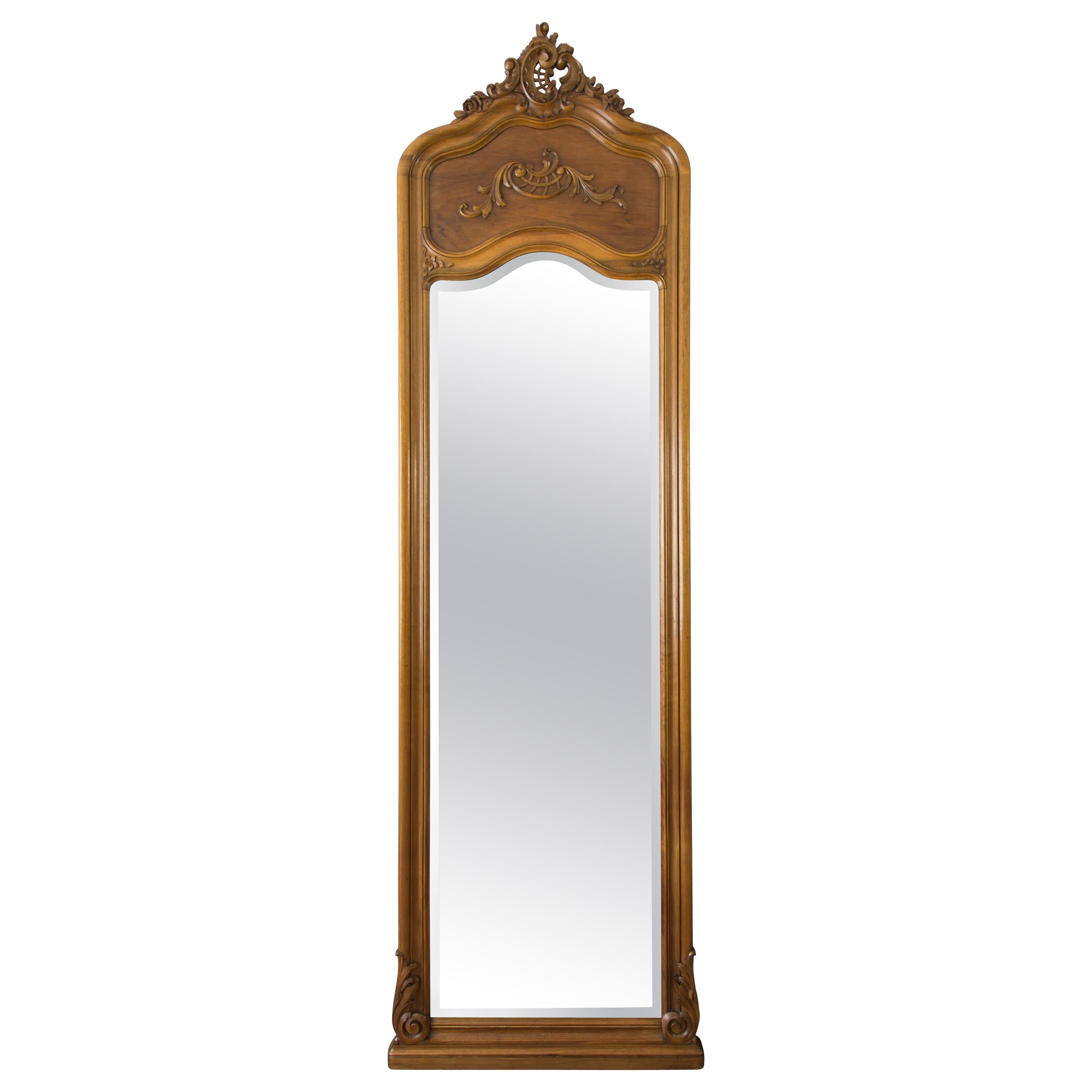 Large Rococo Style Carved Walnut Floor Mirror