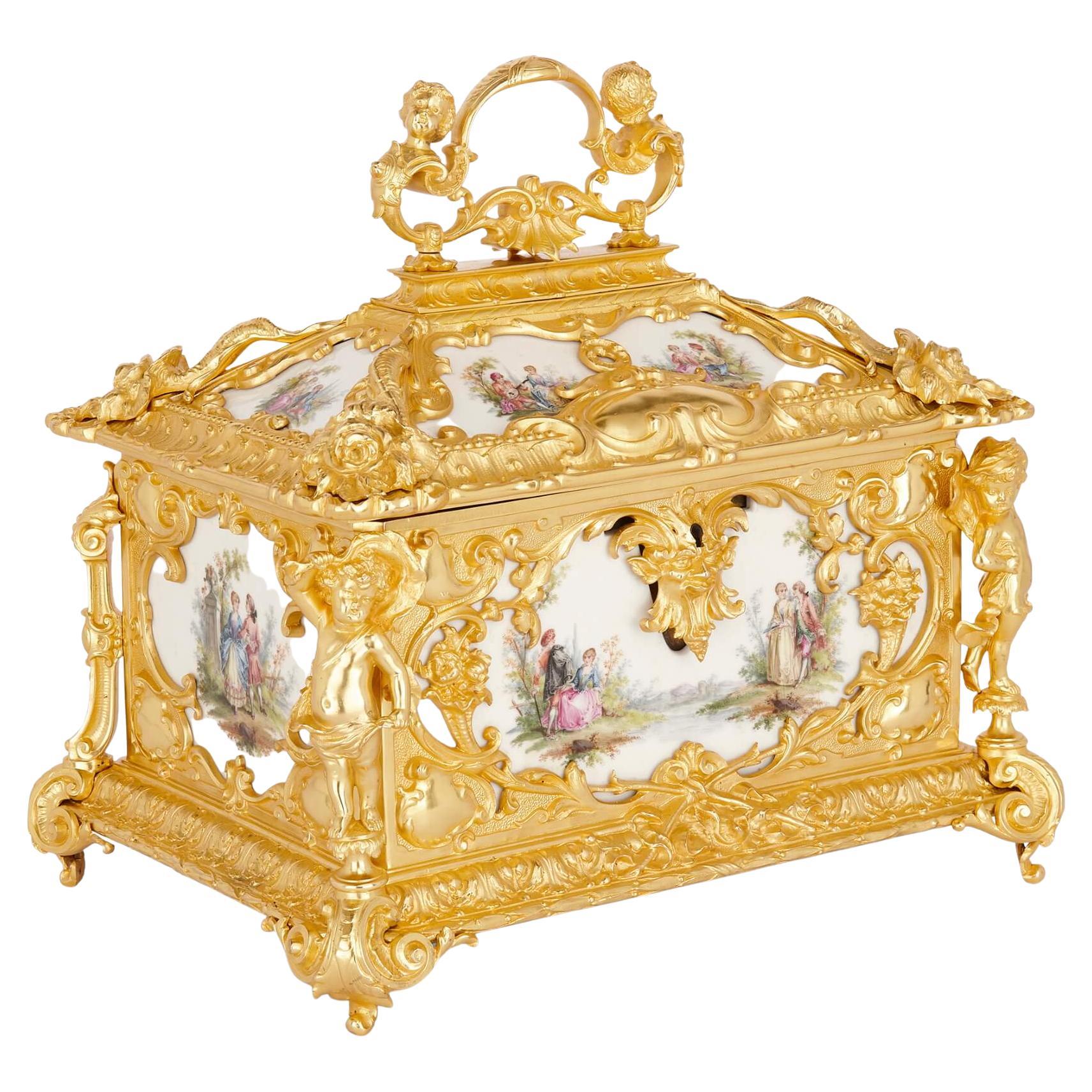 Large Rococo Style Gilt Bronze and KPM Porcelain Decorative Casket For Sale