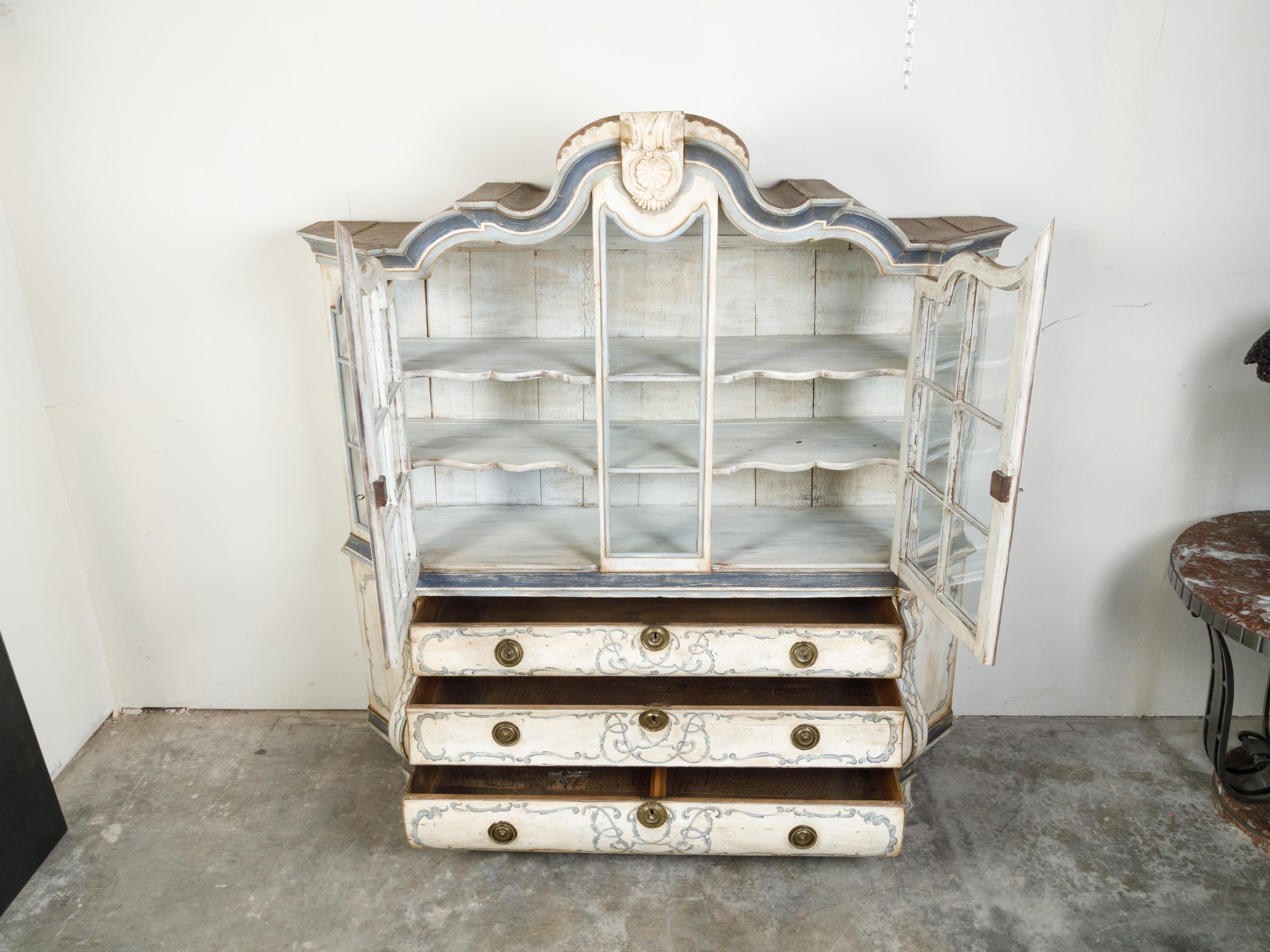 Carved Large Rococo Style Painted Wood Dutch Cabinet with Glass Doors and Bombé Chest For Sale