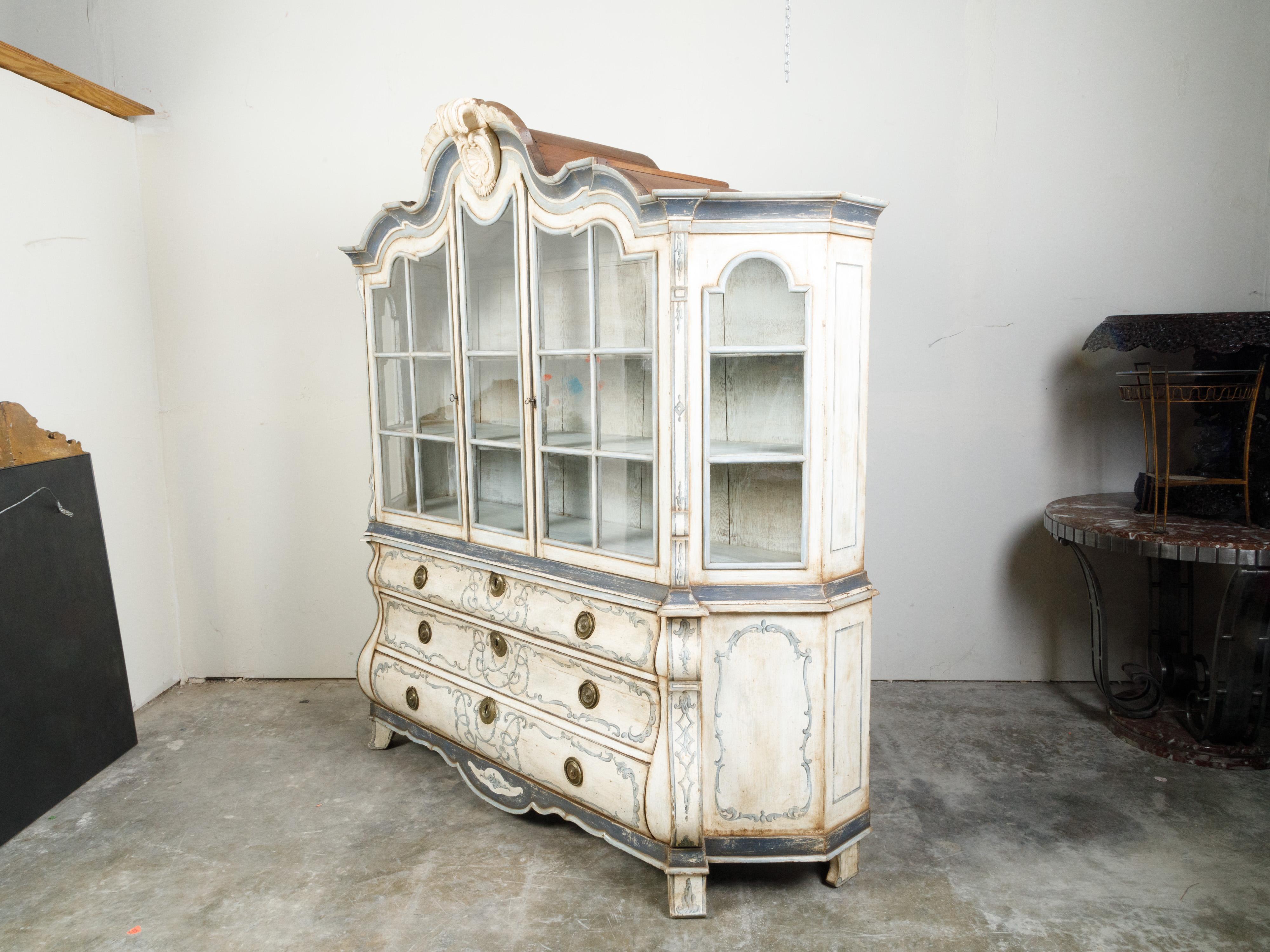 Large Rococo Style Painted Wood Dutch Cabinet with Glass Doors and Bombé Chest In Good Condition For Sale In Atlanta, GA