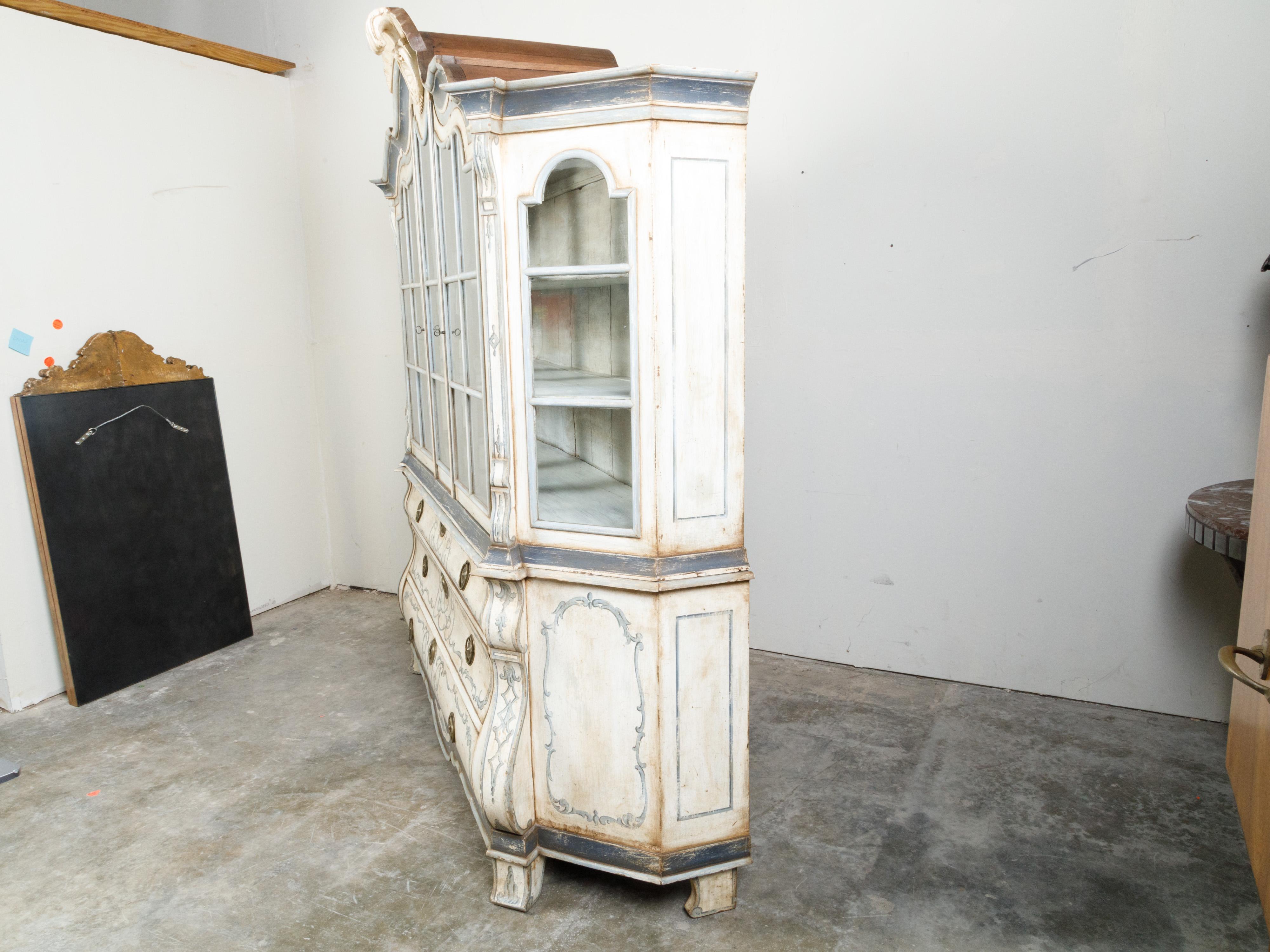 19th Century Large Rococo Style Painted Wood Dutch Cabinet with Glass Doors and Bombé Chest For Sale
