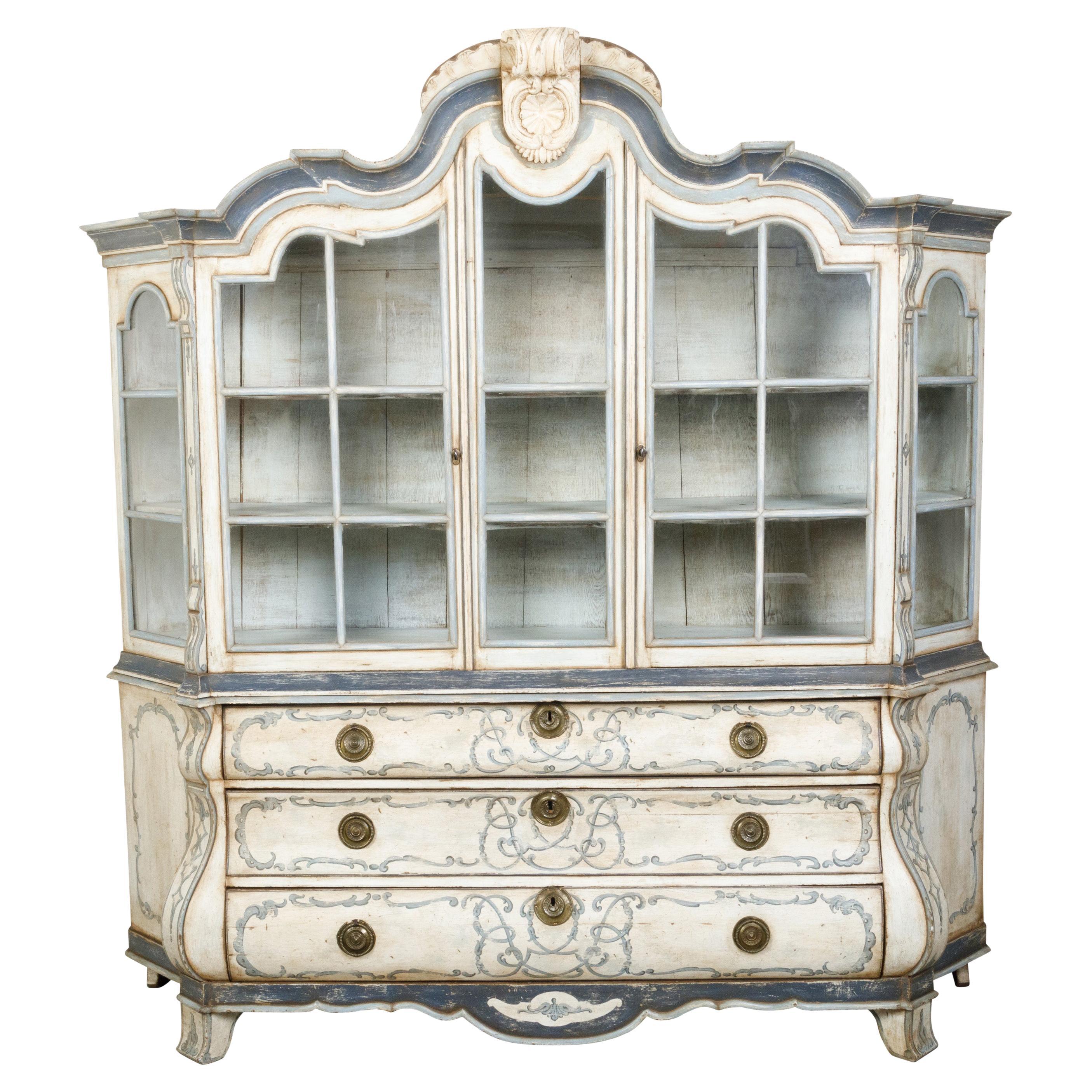 Large Rococo Style Painted Wood Dutch Cabinet with Glass Doors and Bombé Chest For Sale