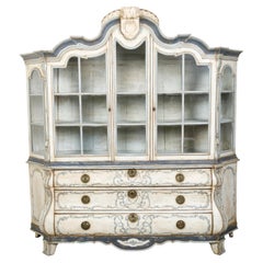 Used Large Rococo Style Painted Wood Dutch Cabinet with Glass Doors and Bombé Chest