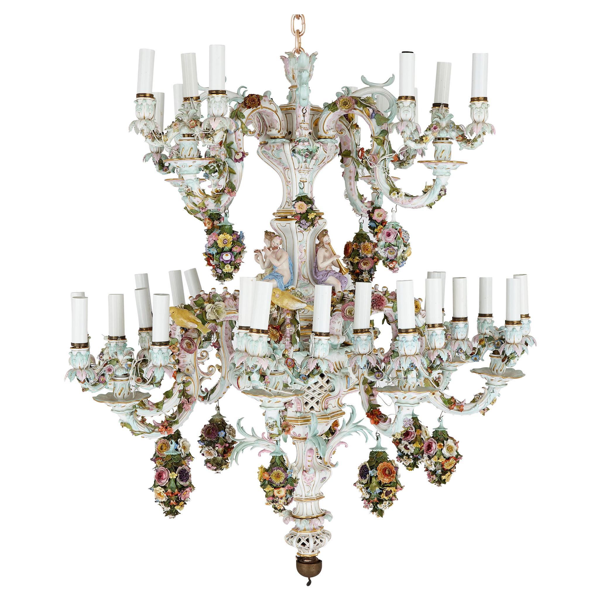 Large Rococo Style Porcelain Chandelier by Meissen For Sale
