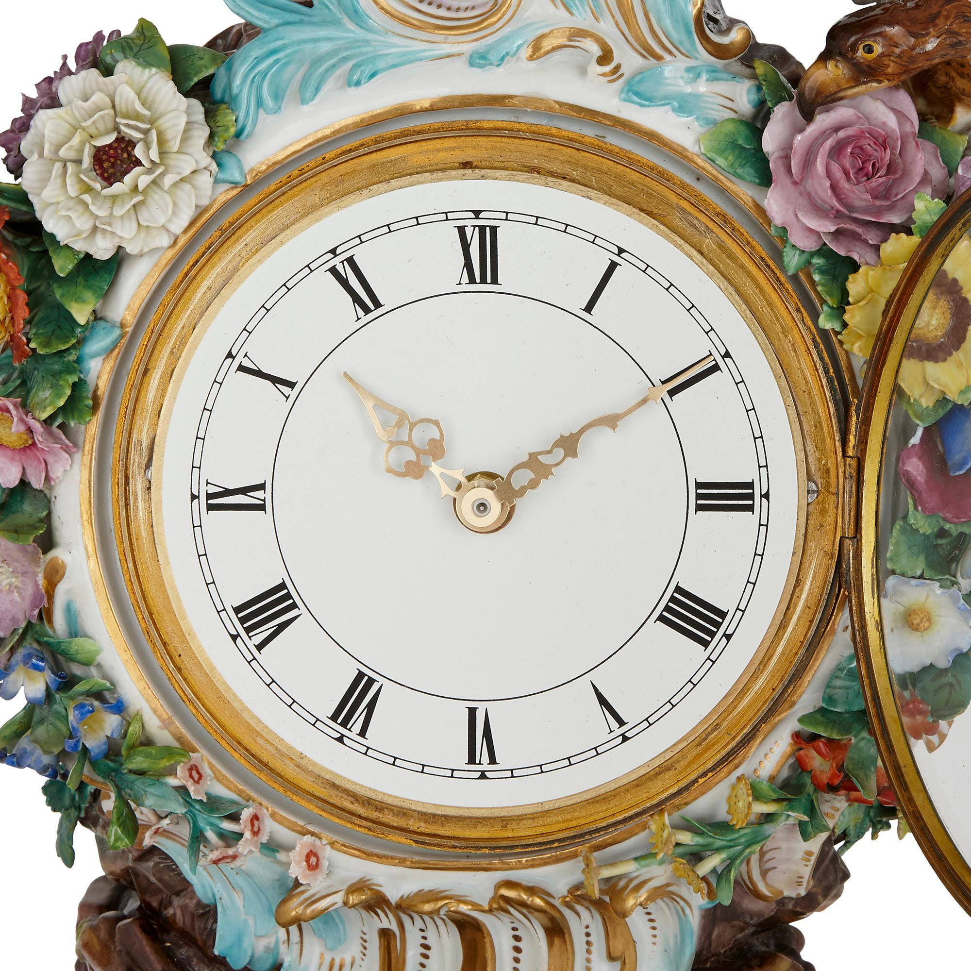 Large Rococo style porcelain mantel clock by Meissen
German, 19th century
Measures: Height 66cm, width 33cm, depth 25cm

This superb mantel clock is a truly wonderful example of Meissen Porcelain and of German Rococo style design. The clock is
