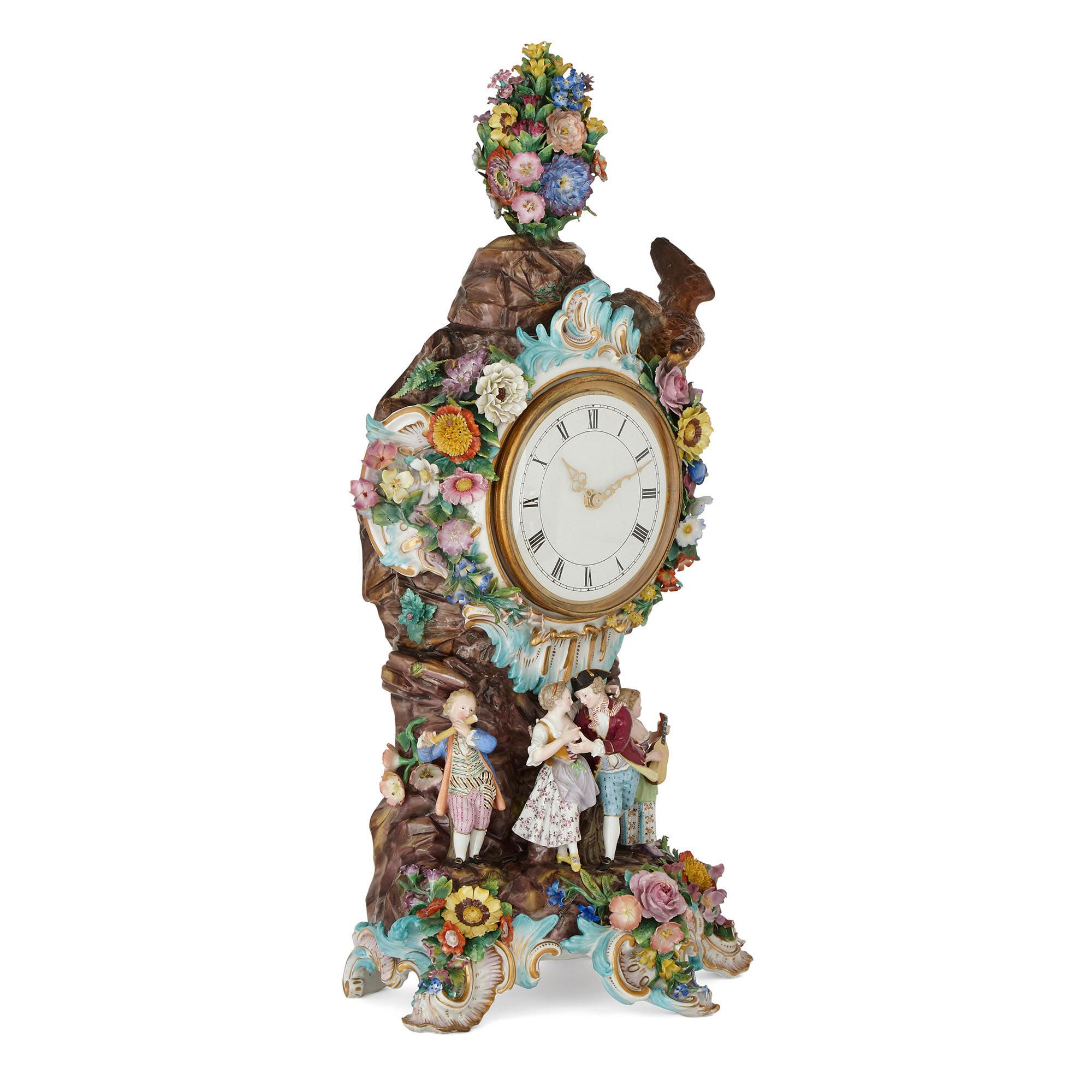 German Large Rococo Style Porcelain Mantel Clock by Meissen For Sale