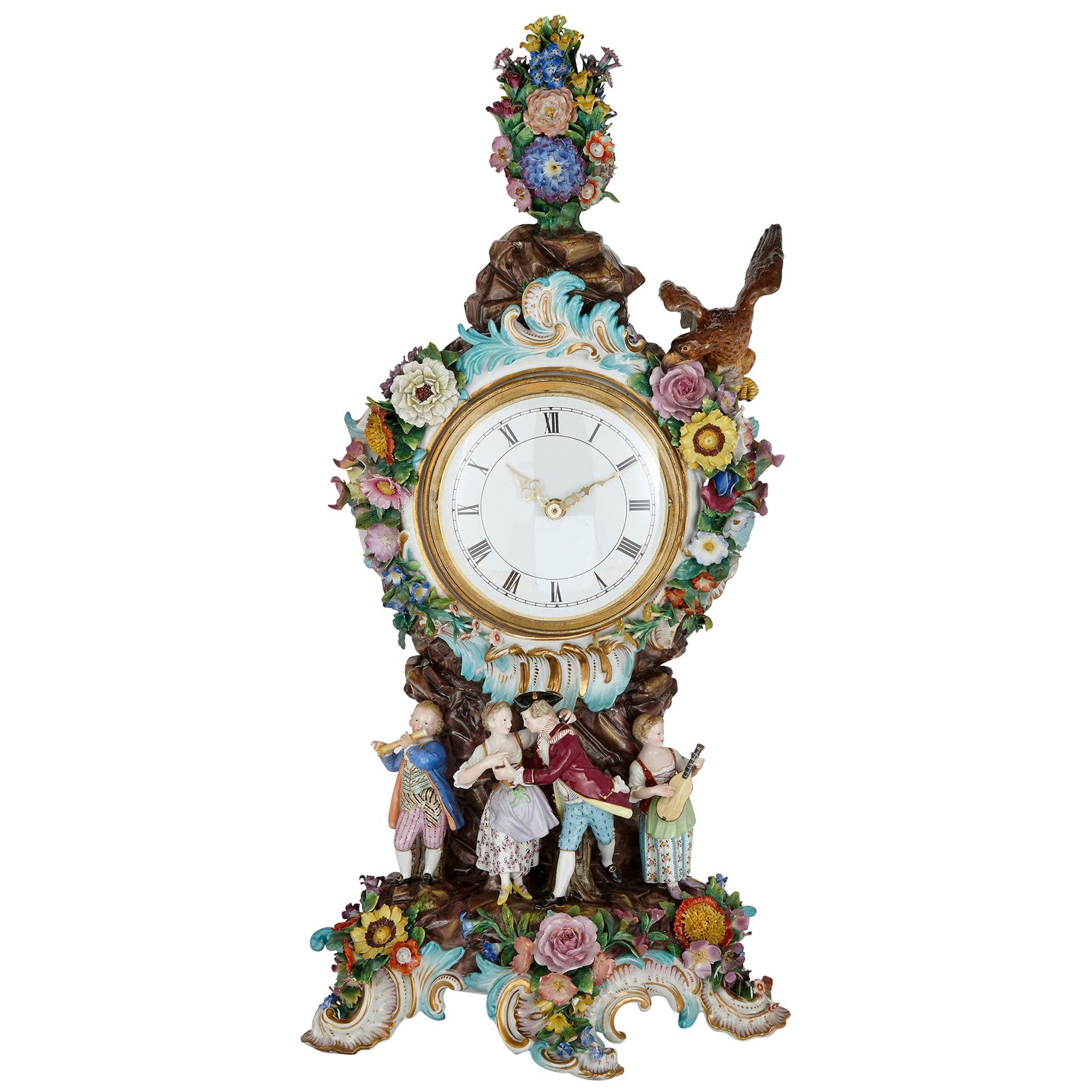 Large Rococo Style Porcelain Mantel Clock by Meissen For Sale