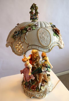 Large Rococo Table Lamp with Porcelain Shade by Capodimonte, Italy